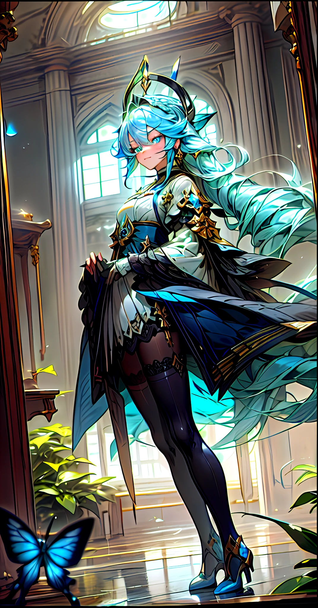 (Overlooking),dynamic angle,Super meticulous,illustratio,closeup cleavage,Looking directly at,1girll,(fanciful:1.4),(Blue eyes:1.233),Her eyes shone like dreamy stars,(glowing light eyes:1.233) ,(美丽细致的眼睛:1.1),(silber hair:1.14),(messy  hair,Very long hair,french braid,Hair between both eyes,Lateral hair),(+(Blue hair flowers:1.14)),(Chiffon dress,Uniform blue flower pattern)/=(army suit:1.24),(Separate sleeves,Wide sleeves),(Fingerless gloves),choker necklace,(miko thighhighs),high heels boots,(face expressionless,Keep one's mouth shut),(standing on your feet), (Classical princess boudoir with dressing table, Floor-to-ceiling windows, white ancient palace),(flor branca,full bloom),(abyssal),(flowingwater),(Dark Blue World Tree:1.14),(废墟),(natta:1.2 ),Dreamy,soul,(Fluorescence),(Flying translucent blue butterfly:1.15),[[Delicate fingers and hands:0.55]::0.85],(Finger details),(yubao:0.5),Top image quality，4K分辨率，2K