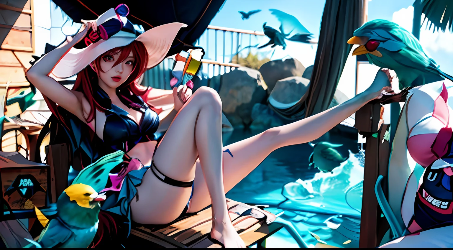 Anime girl in bikini sitting on chair with a bird, miss fortune league of legends, miss fortune, league of legends style art, advanced digital anime art ”, league of legends art style, pixiv contest winner, Digital art on Pixiv, zerochan art, nami one piece, pixiv 3dcg, Splash art anime