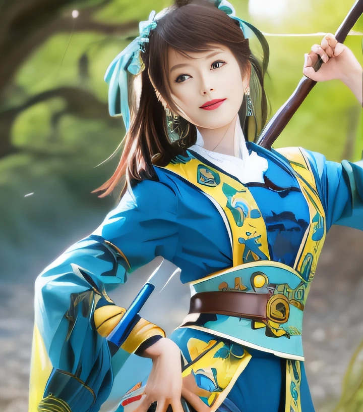 Woman in blue dress holding stick、in woods