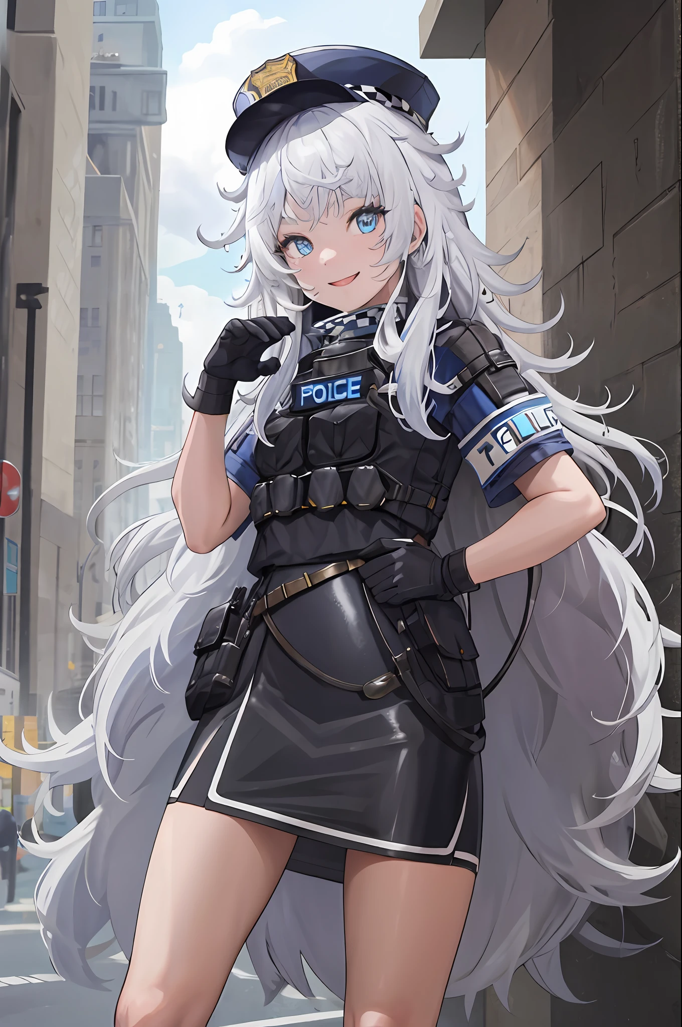 masterpiece, best quality, highres, 1girl, solo, long hair, hat, blue eyes, white hair, messy hair, black gloves, white socks, police uniform, black skirt, short sleeves, cowboy shot, smile, street, standing