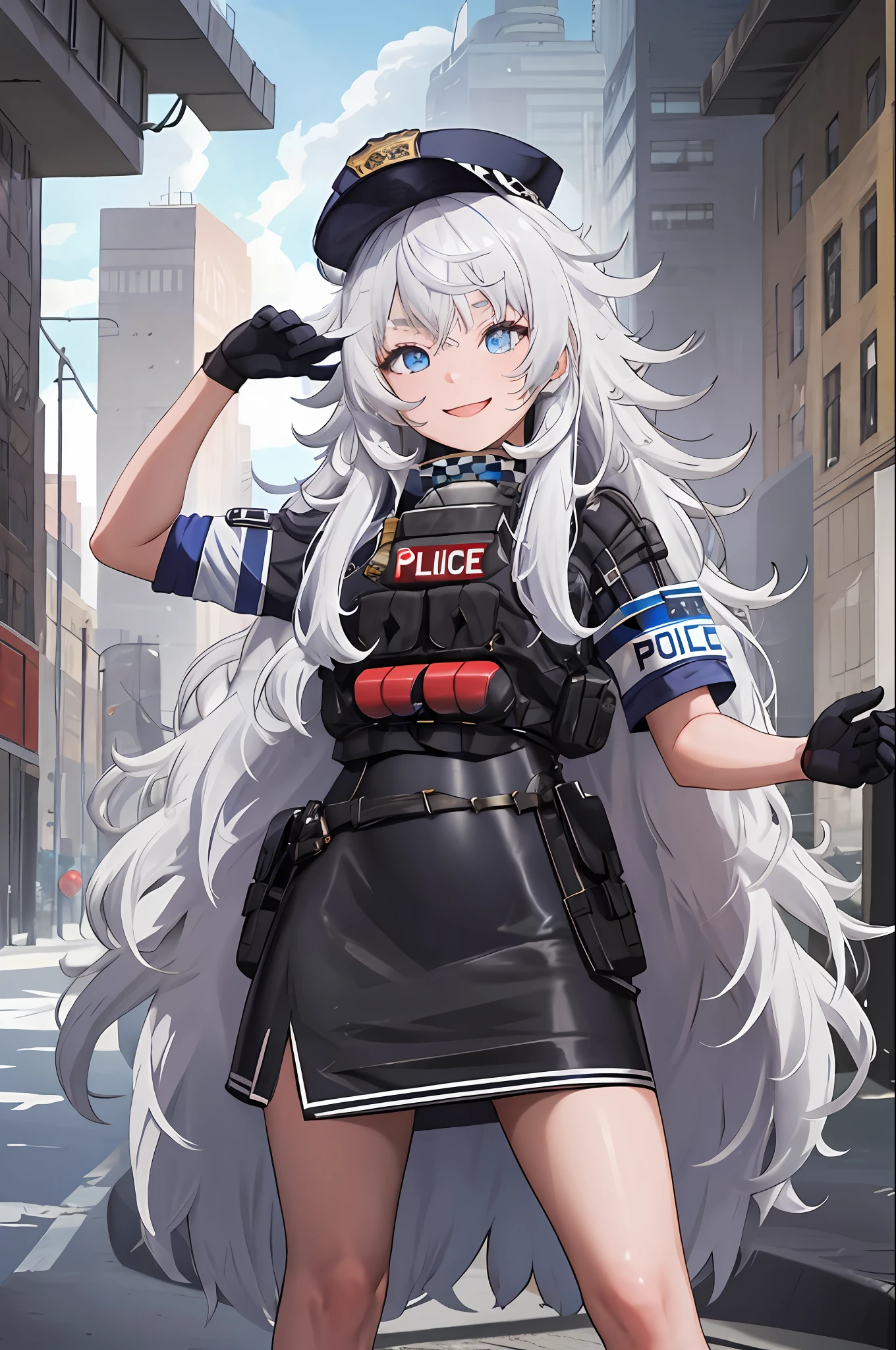 masterpiece, best quality, highres, 1girl, solo, long hair, hat, blue eyes, white hair, messy hair, black gloves, white socks, police uniform, black skirt, short sleeves, cowboy shot, smile, street, standing