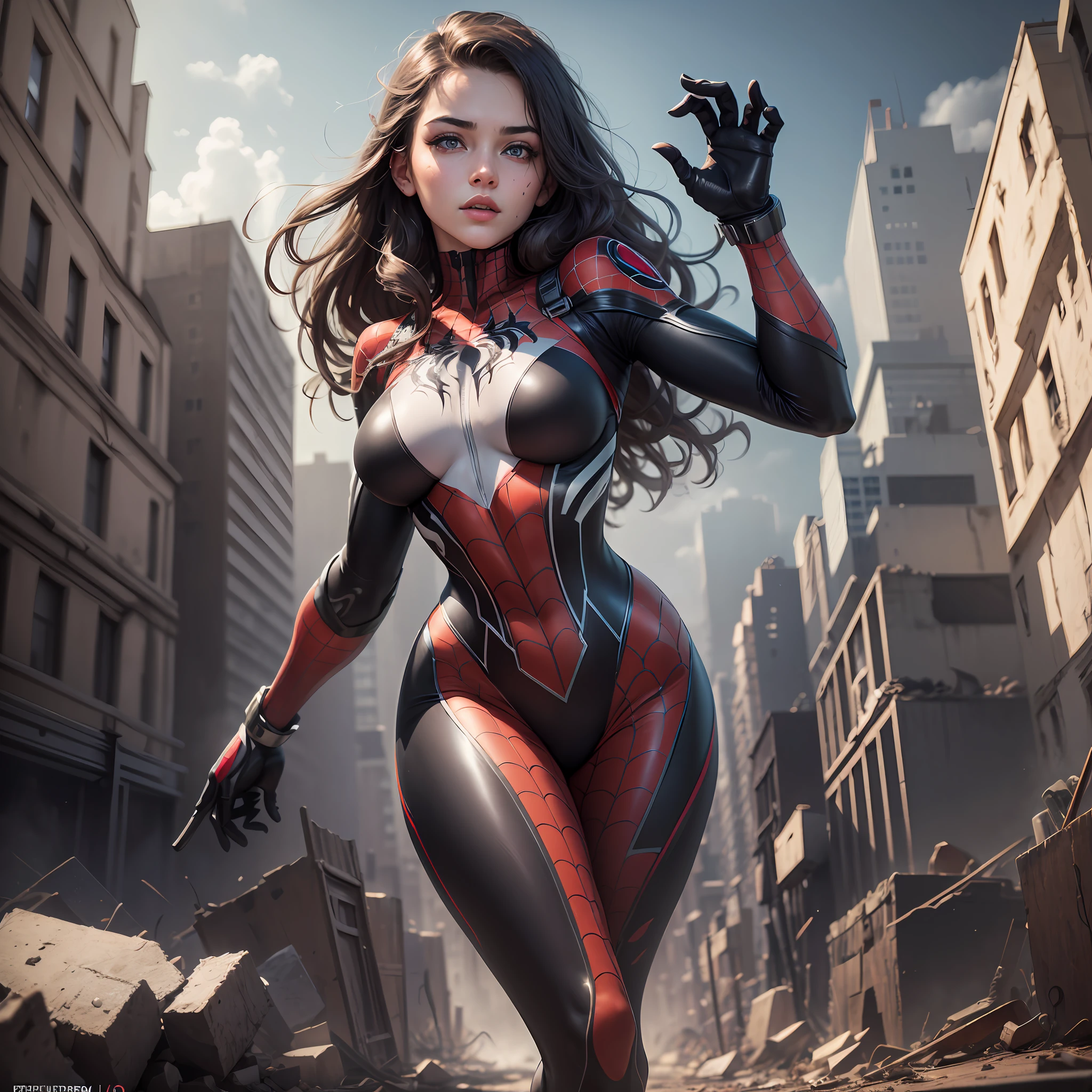 (1girl:1.3), solo, (((extremely detailed face))),(((extremely detailed eyes and face))),beautiful detailed eyes,body-parts__, official art, unified 8k wallpaper, super detailed, beautiful and aesthetic, beautiful, masterpiece, best quality, raw, masterpiece, super fine photo, best quality, super high resolution, photorealistic realism, sunlight, full body portrait, amazing beauty,, dynamic pose, delicate face, vibrant eyes, (from the front), she is wearing a Spider-man suit, red and black color scheme, spider, very detailed abandoned warehouse background, Detailed face, detailed complex busy background, messy, gorgeous, milky white, highly detailed skin, realistic skin details, visible pores, sharp focus, volumetric fog, 8k uhd, DSLR, high quality, film grain, fair skin, photo realism, lomography, huge metropolis in future dystopia, seen from below, translucent --auto --s2