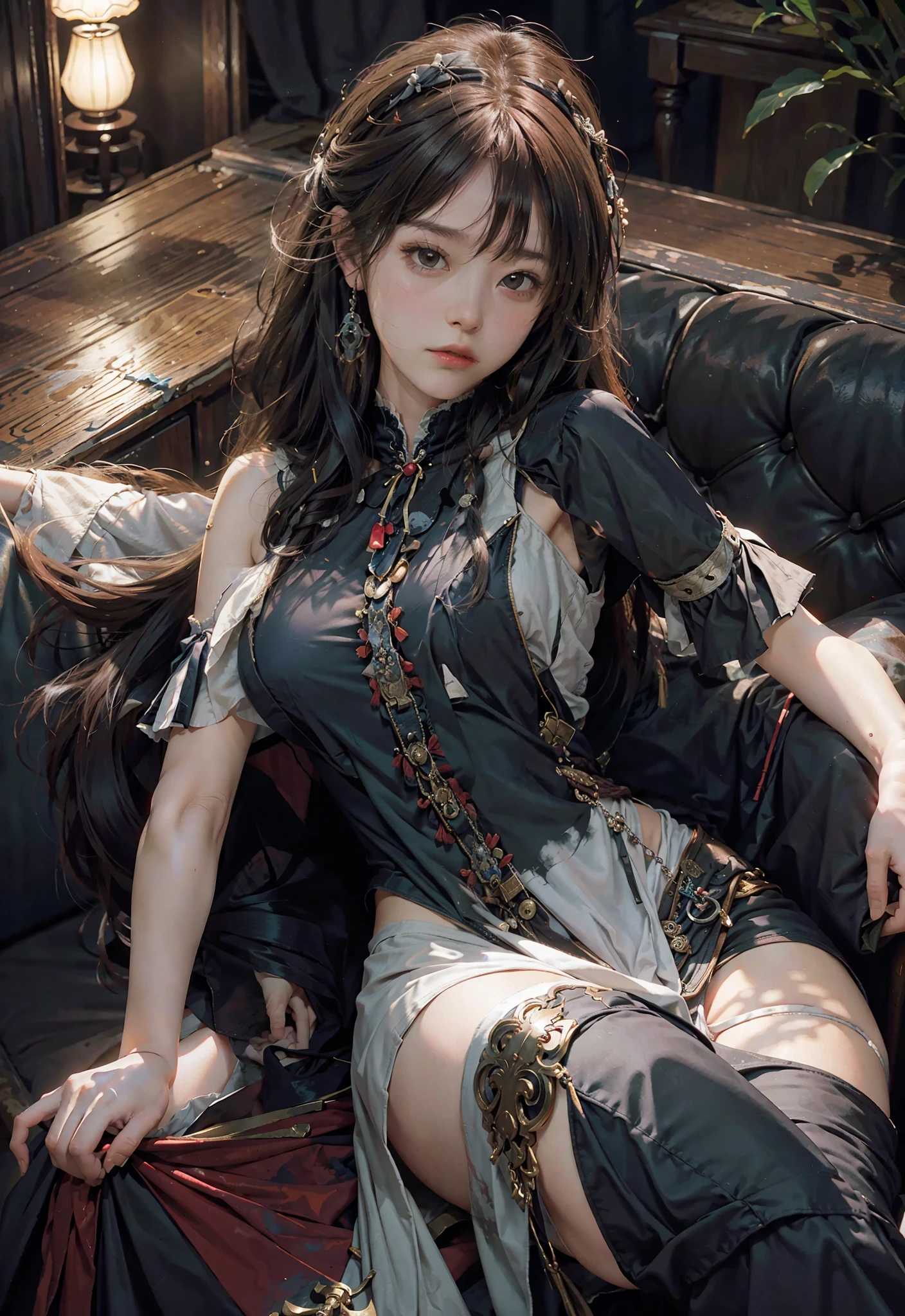 Painting by Akihiko Yoshida. Woman. Witch. He raises his arms to show the sides of his bare skin. The crotch is spread. Dark fantasy. Miniskirt.