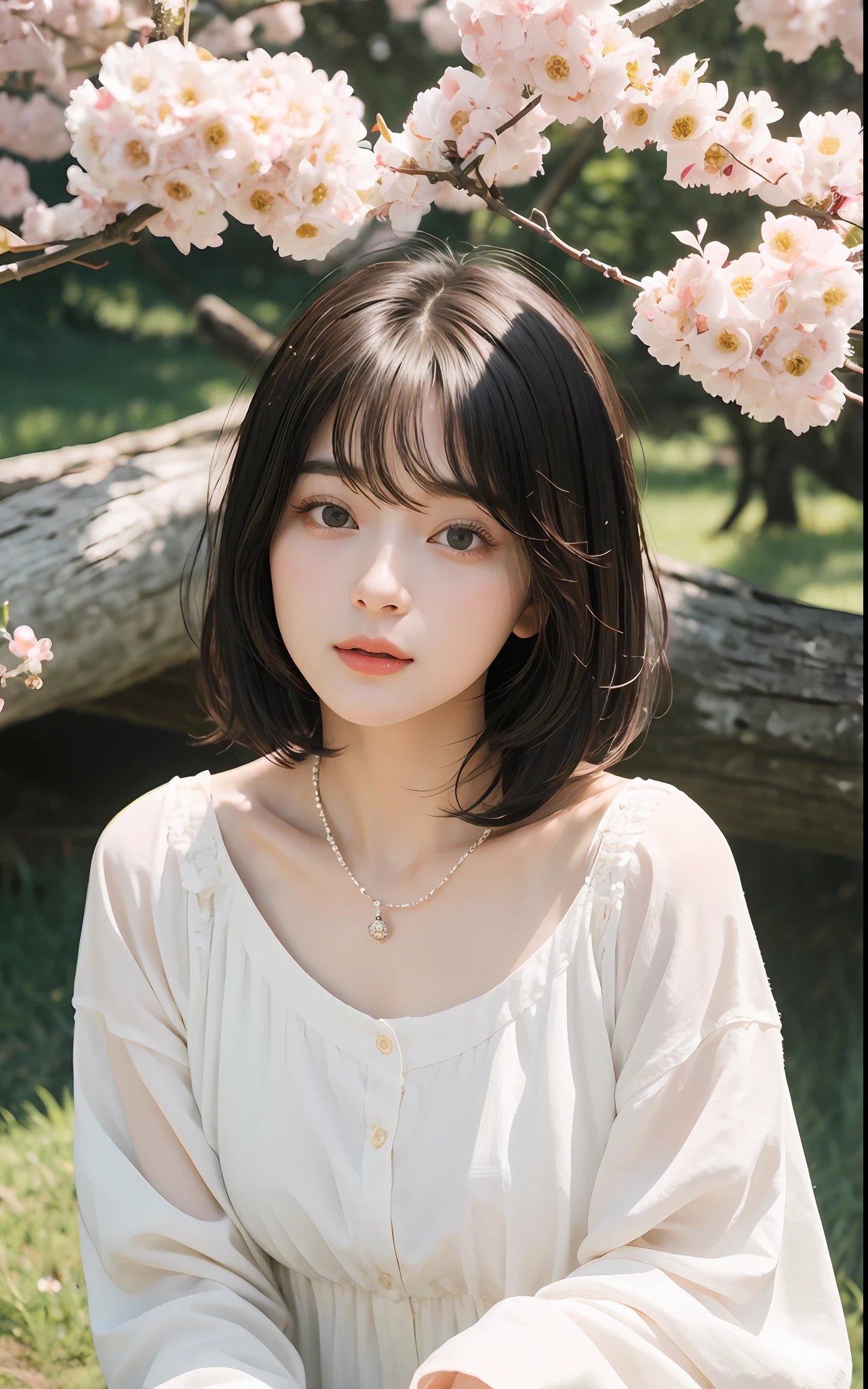 ((top-quality、​masterpiece))、Raw photography、8K、top-quality、 超A high resolution、Beautiful face in every detail、Realistic human skin、Gentle expression、front-facing view、Farbe々From an angle、(Bob Hair:1.5)、realisitic、Photorealsitic、cute little、springtime、cherry trees、White Dress、a necklace、bangss、