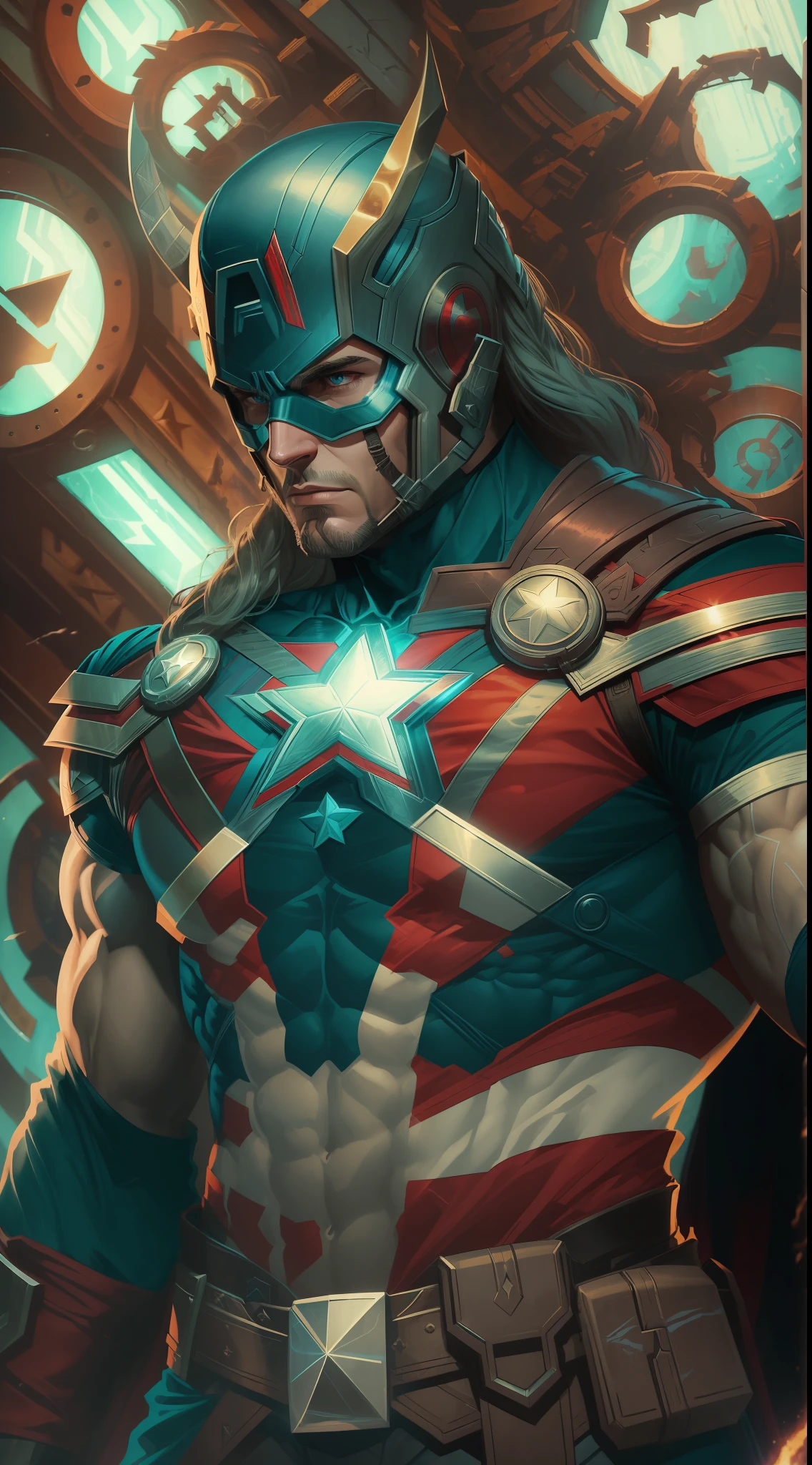 (obra maestra impresionante)), (Ultra resolution 8K), Striking illustration of Captain America fused with Thor , poderosa mezcla, Original combination of Captain America and Thor Epica, Captain America dressed as Thor thunder days, obra maestra sin antecedentes,Traje Cyberpunk, martillo rayos, obra maestra muy bien detallada, Illustration by Hetera, dark ilumination, Spectral illumination