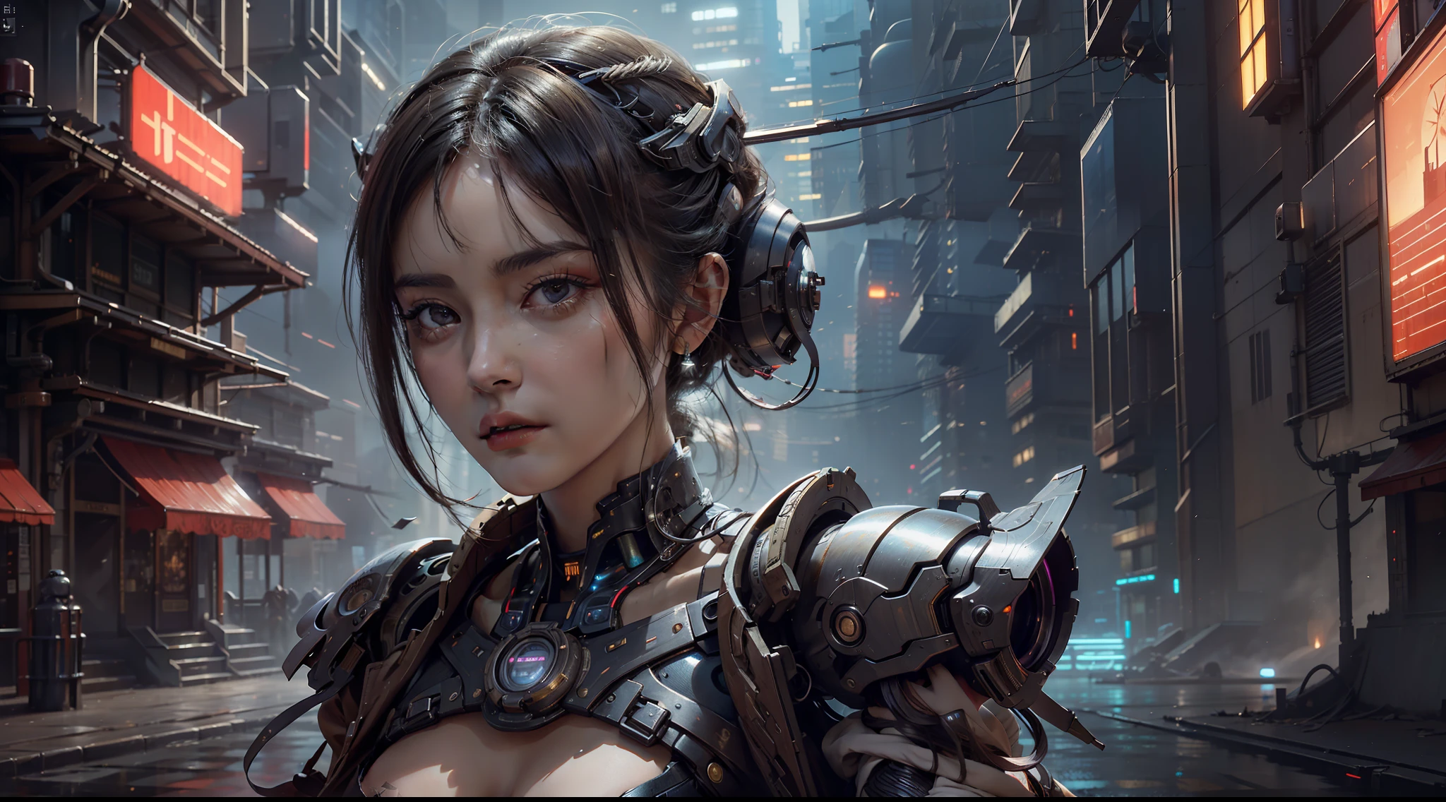 HighestQuali,BestWorks,A masterpiece,RAW photo effect,Realistic Photo Effect,Super high detail,super-fine,The city of the future,the night,cyber punk perssonage,Mature woman,(Close portrait:1.3),Large breasts,dynamicposes,looks into camera,dramatics,fumo,steampunc,complex patterns, Description of the Ultrra precise pointer, Photorealistic, Super detail, Masterpiece, Best quality, A high resolution, 8K,Best quality at best,tmasterpiece,ultra - detailed,volumettic light,Background bokeh