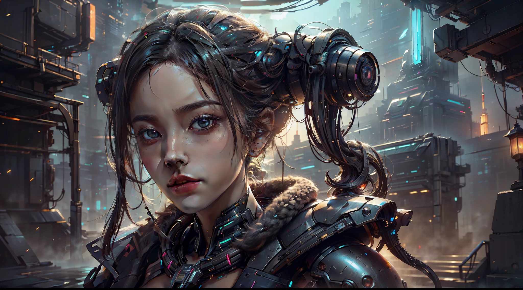 HighestQuali，BestWorks，A masterpiece，RAW photo effect，Realistic Photo Effect，Super high detail，super-fine，The city of the future，the night，cyber punk perssonage，Mature woman，（Close portrait：1.3），Large breasts，dynamicposes，looks into camera，dramatics，fumo，steampunc，complex patterns， Description of the Ultrra precise pointer, Photorealistic, Super detail, Masterpiece, Best quality, A high resolution, 8K，Best quality at best，tmasterpiece，ultra - detailed，volumettic light，Background bokeh