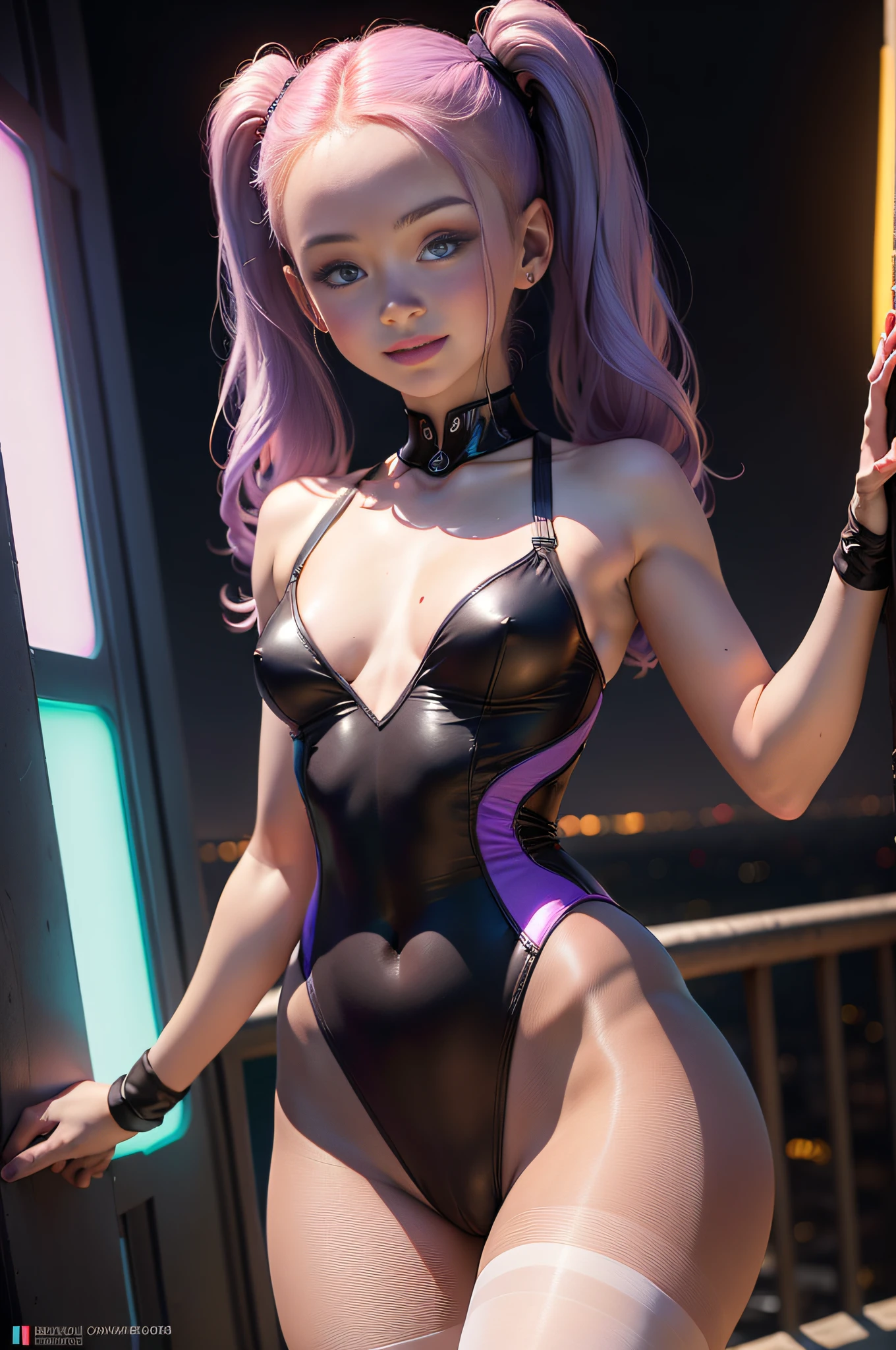 1 girl, solo, (nsfw), (cute 18-year-old redhead girl in twin tails), multiple (luminous rainbow colored hair: 1.2), ((perfect body: 1.6)) (beautiful detailed eyes: 1.6), (photo realistic eyes: 1.6), happy and smiling, Ukrainian, (petite gymnast body), ((gymnast body, beautiful full round breasts, small head, dainty hands: 1.6)), (shy cute pose), (pale white skin), (camel toe), ((see through pastel purple cotton leotard: 1.6)), with (smooth pantyhose leotard: 1.6), (tron style background) high tech (wide angle lens), colorful neon lighting, ((very dark sky)), futuristic city, photo realistic.