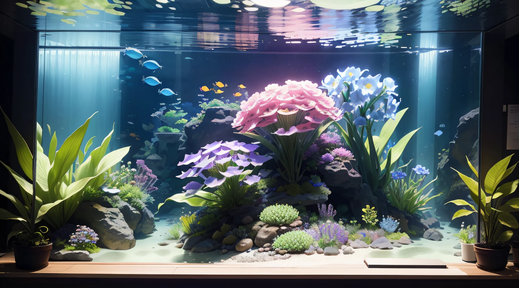 Giant aquarium in an aquarium、Flower irises everywhere at the bottom of the aquarium、top-quality、8K、masterpiece、a picture、Photorealsitic、Raw photography、top-quality、high-detail、真实感、photos realistic、Professional color complementation