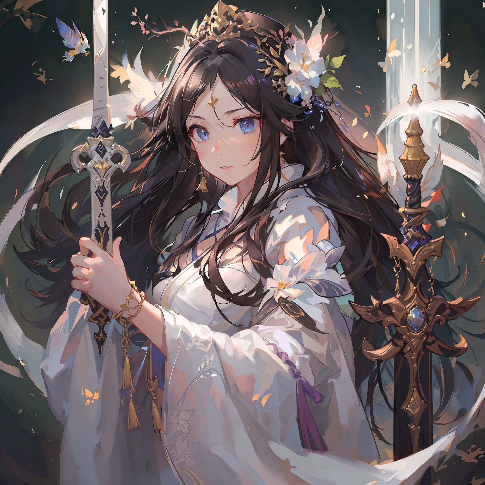 best qualtiy,tmasterpiece,超高分辨率,(真实感:1.4),fantasy,1girl,boobgasm,guard,brunette color hair,Sword Fairy,Deities,faeries,Mystic energy,Glowing skin,Hanfu(Manteau blanc),Sword
