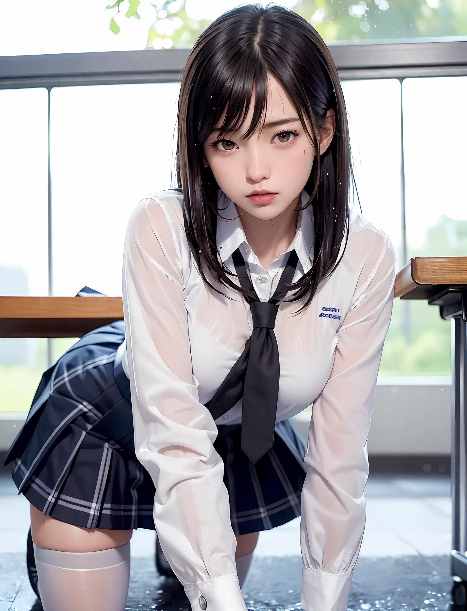 (masterpiece, best quality:1.2), a hyperrealistic schoolgirl, solo, 1girl, yukinoshita yukino, (shiny skin, wet skin:1.2), sweating, slight smile, looking at viewer, on all fours, school uniform, white shirt, plaid skirt, thighhighs, afternoon, classroom hyperrealistic schoolgirl