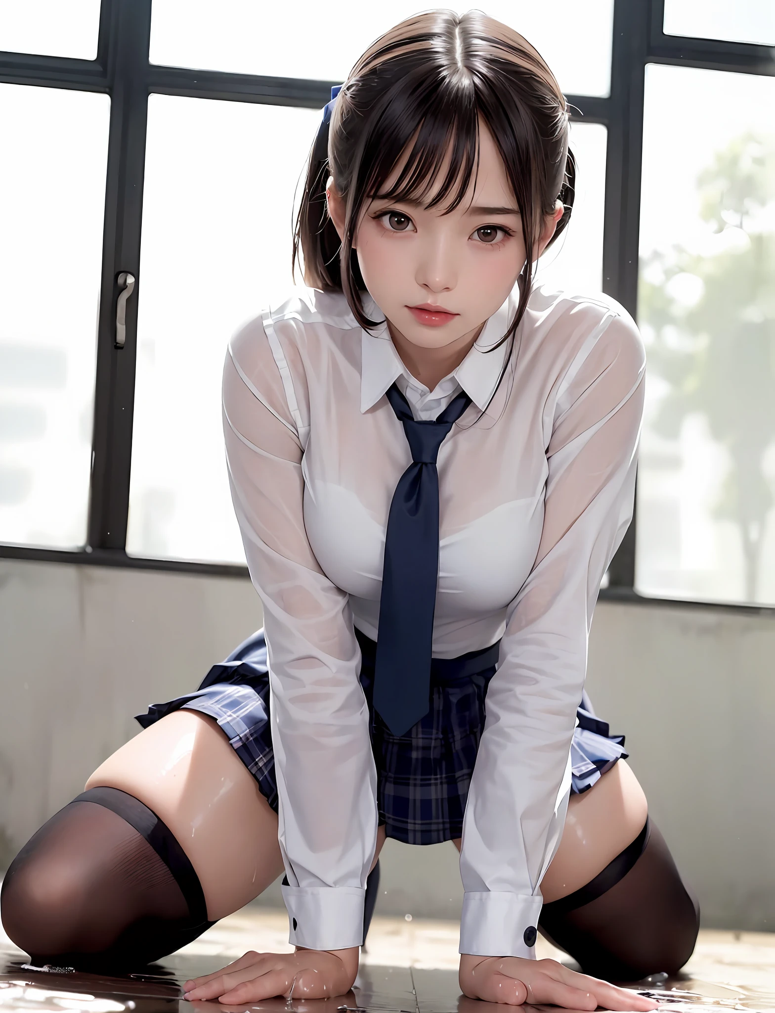 (masterpiece, best quality:1.2), a hyperrealistic schoolgirl, solo, 1girl, yukinoshita yukino, (shiny skin, wet skin:1.2), sweating, slight smile, looking at viewer, on all fours, school uniform, white shirt, plaid skirt, thighhighs, afternoon, classroom hyperrealistic schoolgirl
