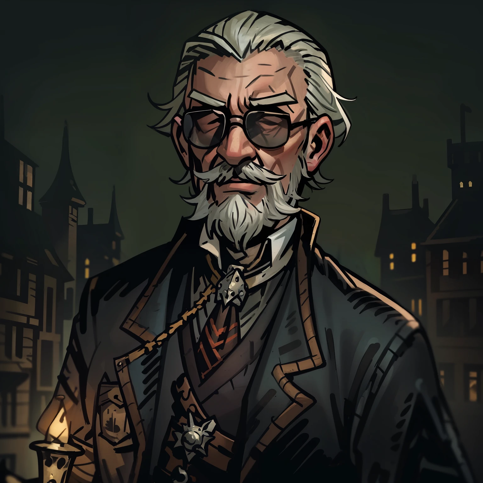 Darkest dungeon style, small old man, wearing glasses, formal clothes