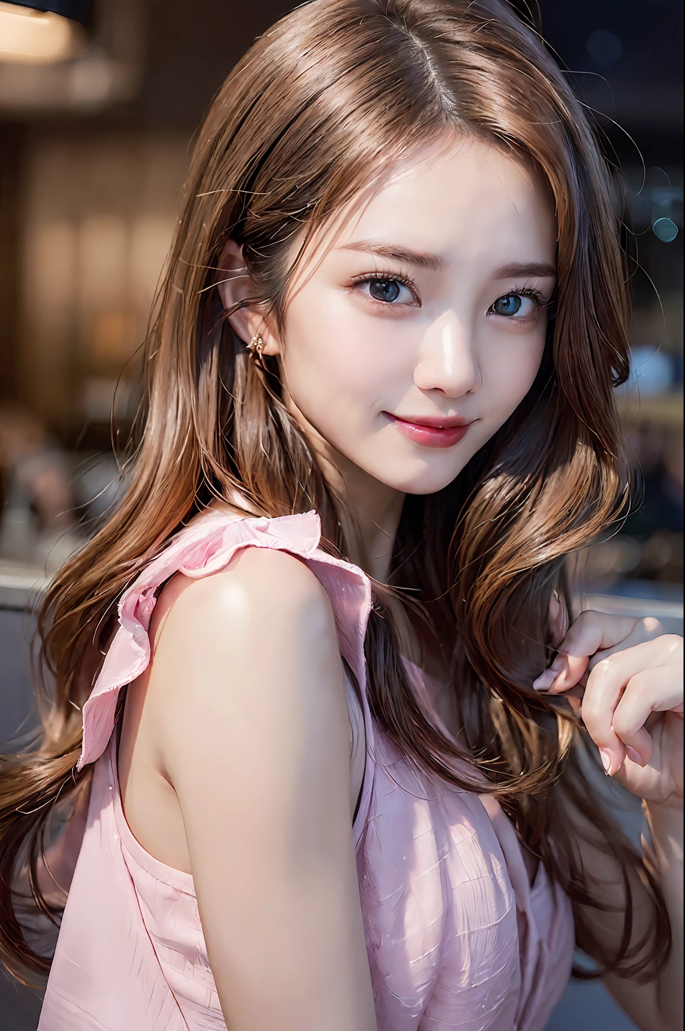 ((Realistic lighting、top-quality、2k、masterpiece:1.3))、Portrait of woman in pink dress with tear on head, Focus:1.2、Perfect figure:1.4、Slim abs:1.1、(Inside the bar、Night:1.1)、(Super fine face、A smile)、big eye、24