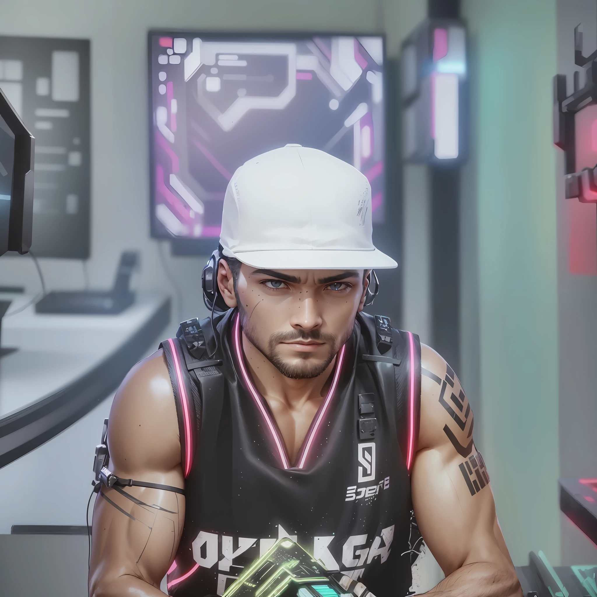 ((Melhor Qualidade)), ((Obra-prima)), (Muito detalhado:1.3), 3D, Bonito (Cyberpunk:1.3) Hacker masculino, cabelos grossos, terminais de computador operacionais, servidores de computador, telas LCD, fibre optic cables, logotipos corporativos, HDR (High Dynamic Range), ray tracing, NVIDIA RTX, Super Resolution, Unreal 5, Espalhamento subsuperficial, texturas PBR, Post-processing, anisotropic filtering, Profundidade de campo, Maximum Sharpness and Sharpness, Texturas multicamadas, Mapeamento especular e de albedo, surface shading, Precise simulation of light-material interactions, perfectly proportions, octane rendering, duotone lighting, ISO baixo, white-balance, rule of thirds, ampla abertura, 8K RAW, high efficiency subpixels, Subpixel convolution, glow particles,