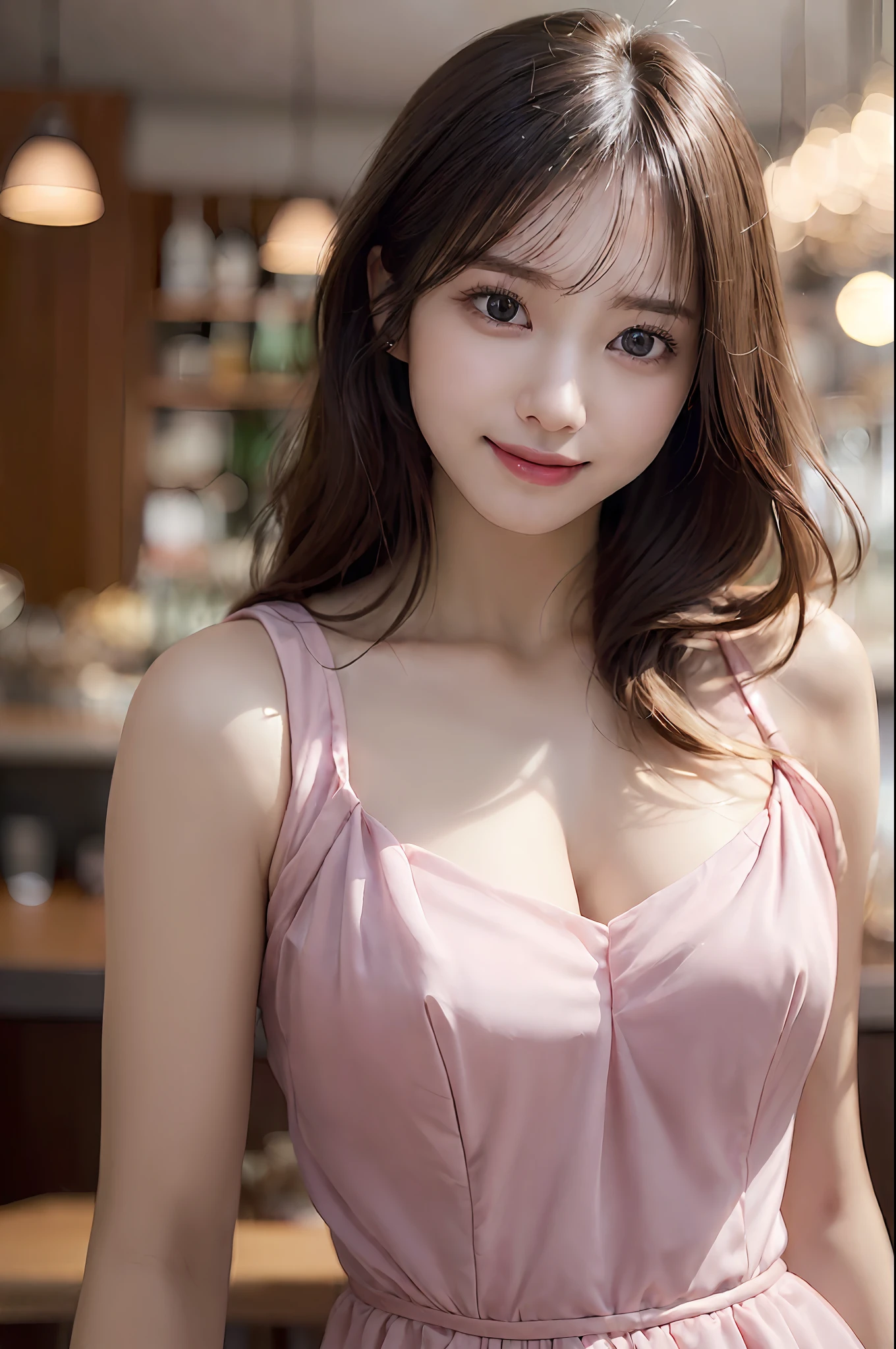 ((Realistic lighting、top-quality、2k、​masterpiece:1.3))、Portrait of woman in pink dress with tear on head, Focus:1.2、Perfect figure:1.4、Slim abs:1.1、(Inside the bar、Night:1.1)、(Super fine face、A smile)、big eye、24