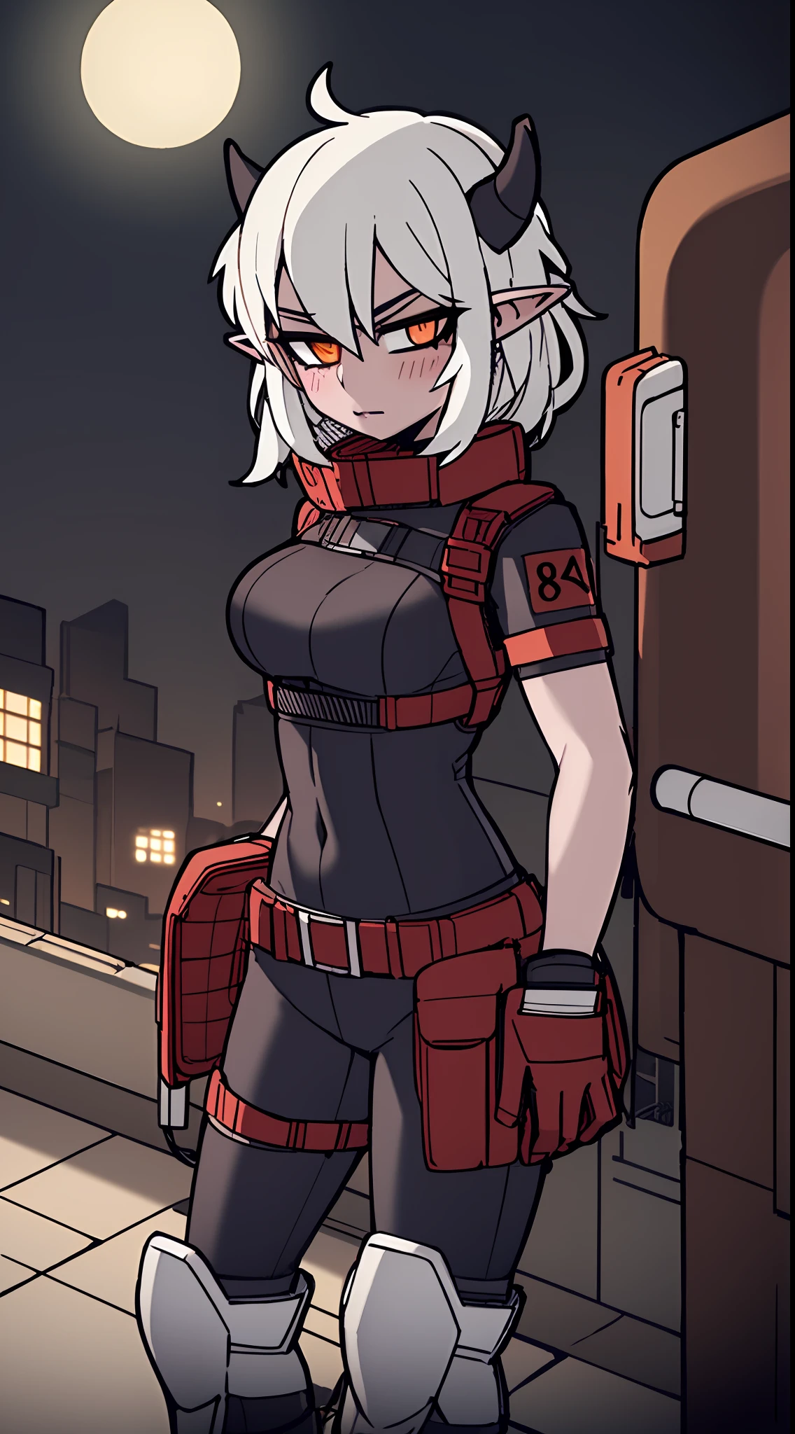 1girl, solo, mature woman, pointy ears, breasts, wide hips, thick thighs, blush, blushing, horns on head, demon tail, large breasts, dynamic angle, sharp focus, standing, heterochromia, 8k resolution, city, night, moon light, neon lights, cyberpunk, ghost in the shell, black latex suit, chest rig, holster, straps, knee pads, toolbelt, pouches, high quality shadows, glowing eyes, looking at viewer, science fiction, lens flare, night vision goggles, balaclava, ski mask, zip up, combat boots, black gloves, skyscraper windows, turtle neck collar, high collar, satchel, hands in pockets, shirt pocket, stealth suit, sci fi architecture, digital building, tech wear, cables, cybernetics, body armor, patch, armor plates, covered face, concealed face, techpunk,