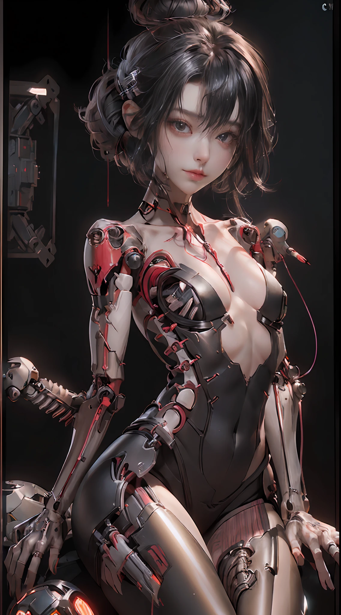 (((masterpiece))), ((best quality))), ((ultra-detailed)), (CG illustration), (an extremely devious and beautiful)), (cute desktop face), cinematic light, ((1 mechanical girl)), solo, whole body, (machine-made joints). : 1.4), ((mechanical limbs)), (bursting muscles), (blood vessels attached to tubes), (brain in containers: 1.3), ((mechanical vertebrae attached to the back)), ((mechanical cervical vertebrae attached to the neck)), ((sitting)), expressionless, (wires and cables attached to the head and body: 1.5), small breasts, short hair, (character focus), five slender fingers, beautiful fingers, science fiction, hands tied to a stool.