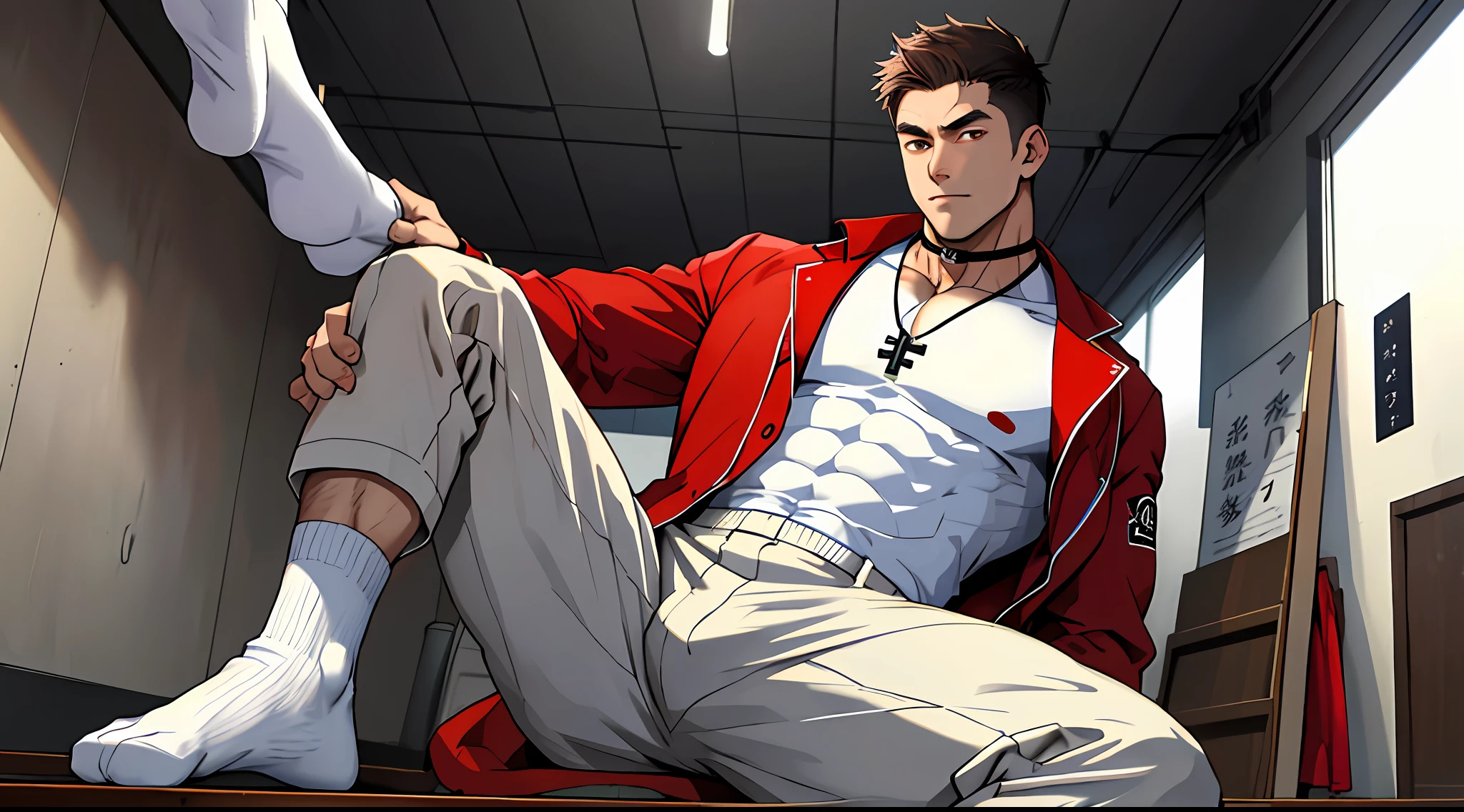 masterpiece, best quality), 1man, musculous, short detailed hair, with brown eye, 复杂, (dress room), full bodyesbian, White baseball uniform, Open red jacket, vivd colour,(depth of fields:1.2),(abs),Be red in the face，looking at viewert，A piano，spread their legs，Wide shoulders and narrow waist、Lipid-wrapped muscle，195cm tall 18 years old、Hands and feet are tied（Large blocks of iron chains were tied、Can't break free）、Man was tied to the cross、Black cross、White socks in his mouth、、A very satisfied look、With a collar around the neck（The collar has a bulge of a black pyramid，In a circle）、Take off your top。Naked upper body、Large pectoral muscles、8-pack abs、Take off your pants、White socks on his feet，