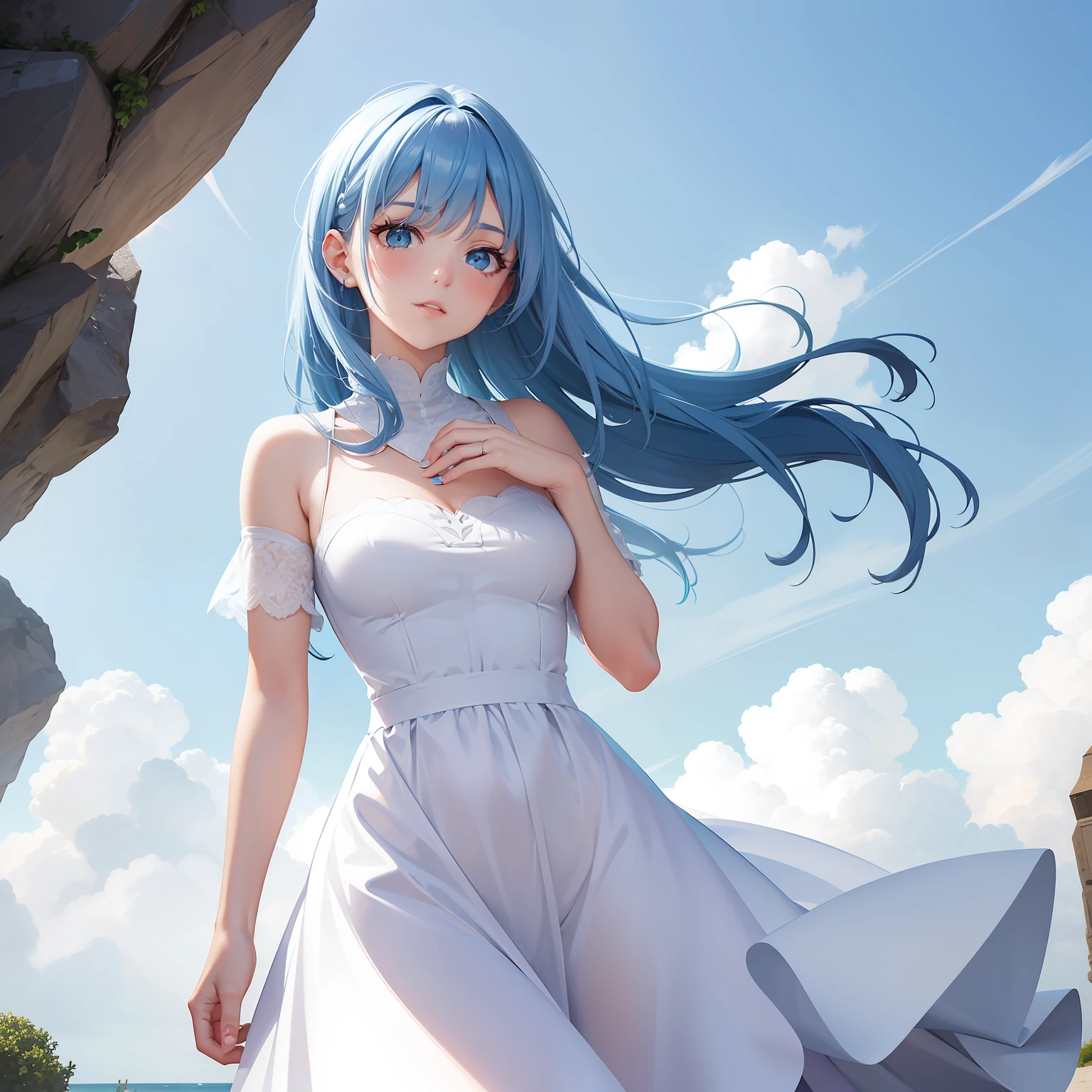 a women, blue hair, blue eyes, white dress