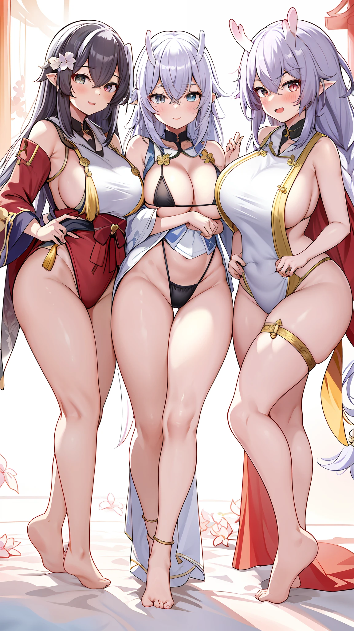 tmasterpiece,8k,Half realistic,4k,RTX,Shaders,Excellent texture work,beauitful face,Hair accessories,独奏,looking at viewert,ssmile,Shut your mouth,cparted lips,hair adornments,choker necklace,jewely,long whitr hair,耳Nipple Ring,Chinese outfit,ultra - detailed,The insert is extremely delicate and beautiful,dynamic angle,floatking,美丽细致的眼睛,Detailed light,3个女孩,Large chest,爆乳,big assa,Floating hair,glowing light eyes,Black hair,eye glass,比基尼,Hood cloth,Lace lingerie big breasts,Blushlush,
,ultra - detailed,illustratio,Extremely refined and beautiful,dynamic angle,floatking,美丽细致的眼睛, Detailed light 3 girls,Large chest,爆乳,Floating hair,glowing light eyes,锁链,Hood cloth,black color hair,extra very long hair,banya,Red eyes,black bikini,Female emperor,Superior,humiliated,A MILF,diadems,Naked shoulders,The waist is slender,Crispy breasts towering,The neckline is low,Plump breasts,cleavage,shrine maiden clothe,Japan Priestess,