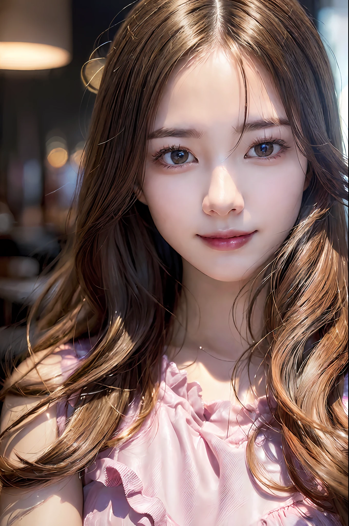 ((Realistic lighting、top-quality、2k、masterpiece:1.3))、Portrait of woman in pink dress with tear on head, Focus:1.2、Perfect figure:1.4、Slim abs:1.1、(Inside the bar、Night:1.1)、(Super fine face、A smile)、big eye、24