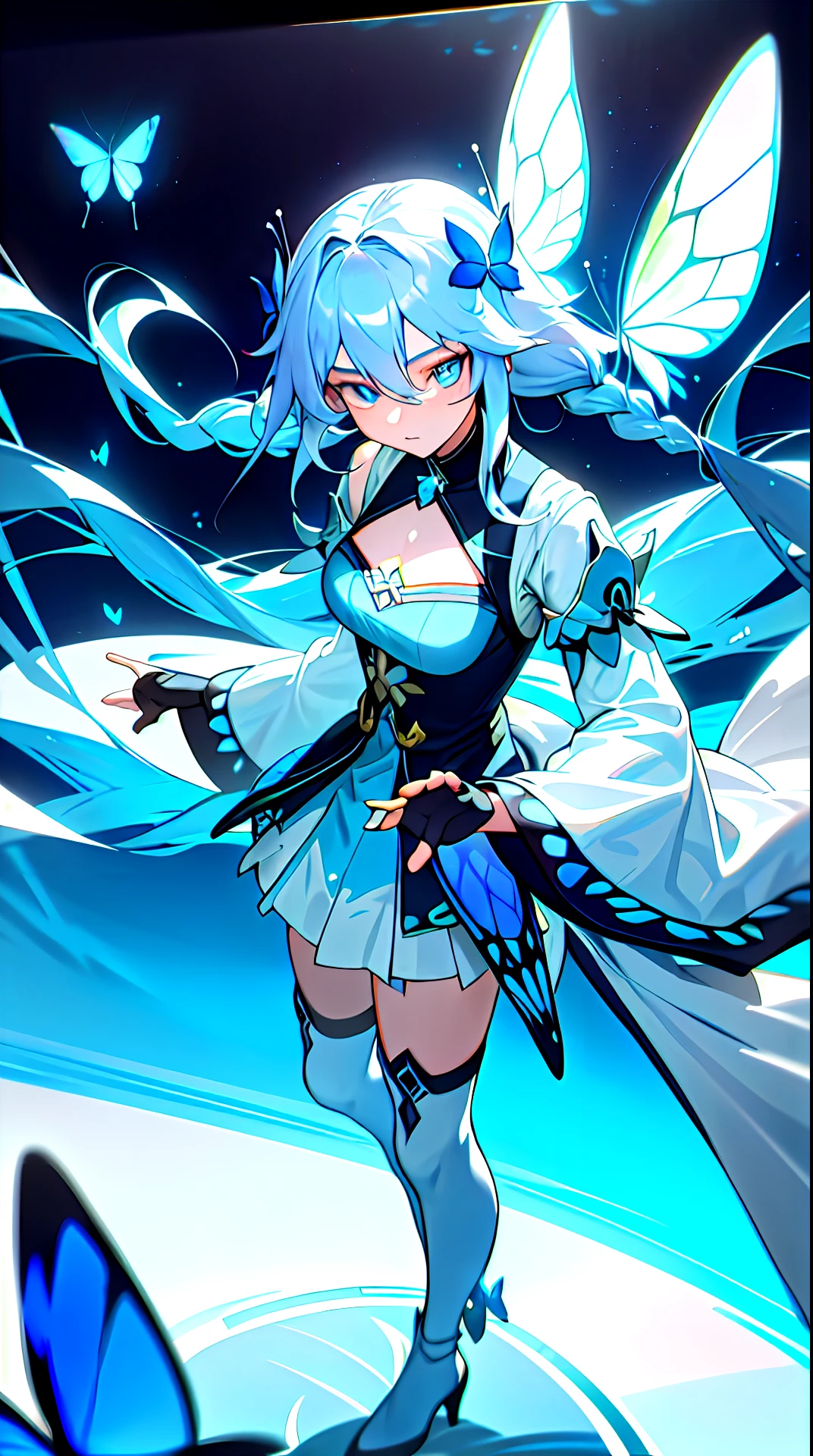 (Overlooking),dynamic angle,Super meticulous,illustratio,closeup cleavage,Looking directly at,1girll,(fanciful:1.4),(Blue eyes:1.233),Her eyes shone like dreamy stars,(glowing light eyes:1.233) ,(美丽细致的眼睛:1.1),(silber hair:1.14),(messy  hair,Very long hair,french braid,Hair between both eyes,Lateral hair),(+(Blue hair flowers:1.14)),(Chiffon dress,Uniform blue flower pattern)/=(army suit:1.24),(Separate sleeves,Wide sleeves),(Fingerless gloves),choker necklace,(miko thighhighs),high heels boots,(face expressionless,Keep one's mouth shut),(standing on your feet), (Classical princess boudoir with dressing table, Floor-to-ceiling windows, white ancient palace),(flor branca,full bloom),(abyssal),(flowingwater),(Dark Blue World Tree:1.14),(废墟),(natta:1.2 ),Dreamy,soul,(Fluorescence),(Flying translucent blue butterfly:1.15),[[Delicate fingers and hands:0.55]::0.85],(Finger details),(yubao:0.5),Top image quality，4K分辨率，2K