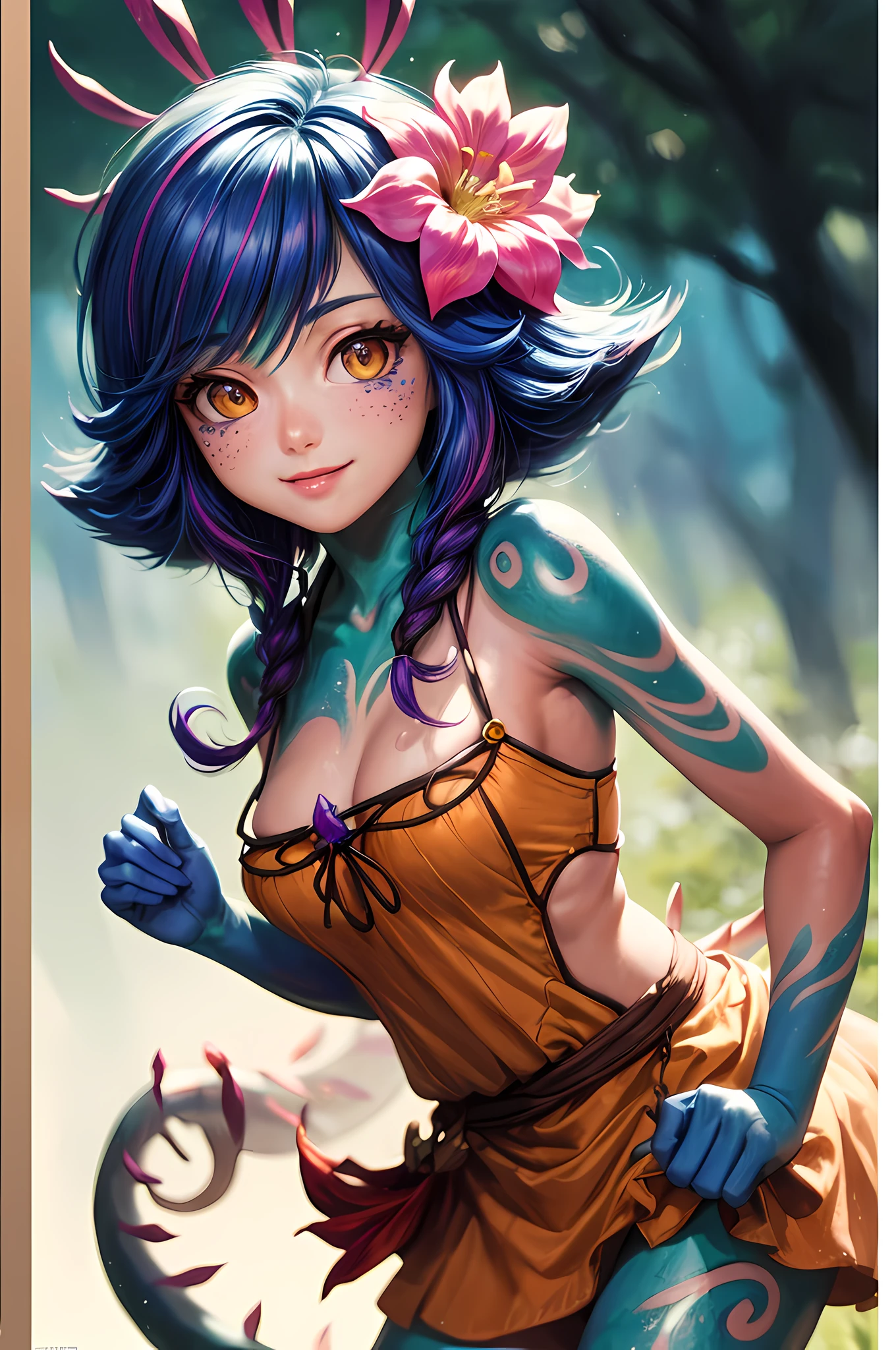 masterpiece,(best quality,top quality,8k),(waterpaint,illustration,painting),detailed eyes and face,neeko wearing white dress , hair ornaments , hair flower ,purple hair, brown shorts , lizard tail , facial marks , pretty girl, beauty skin, ultra high res, raw photo , medium boobs , ultra detailed , detailed body , detailed eyes and face , (looking at viewer , softly smiling) ,((puffy eyes)), ,good contrast , high sharpness,(gorgeous),realistic,RAW Photography,(hyperdetailed:1.2)