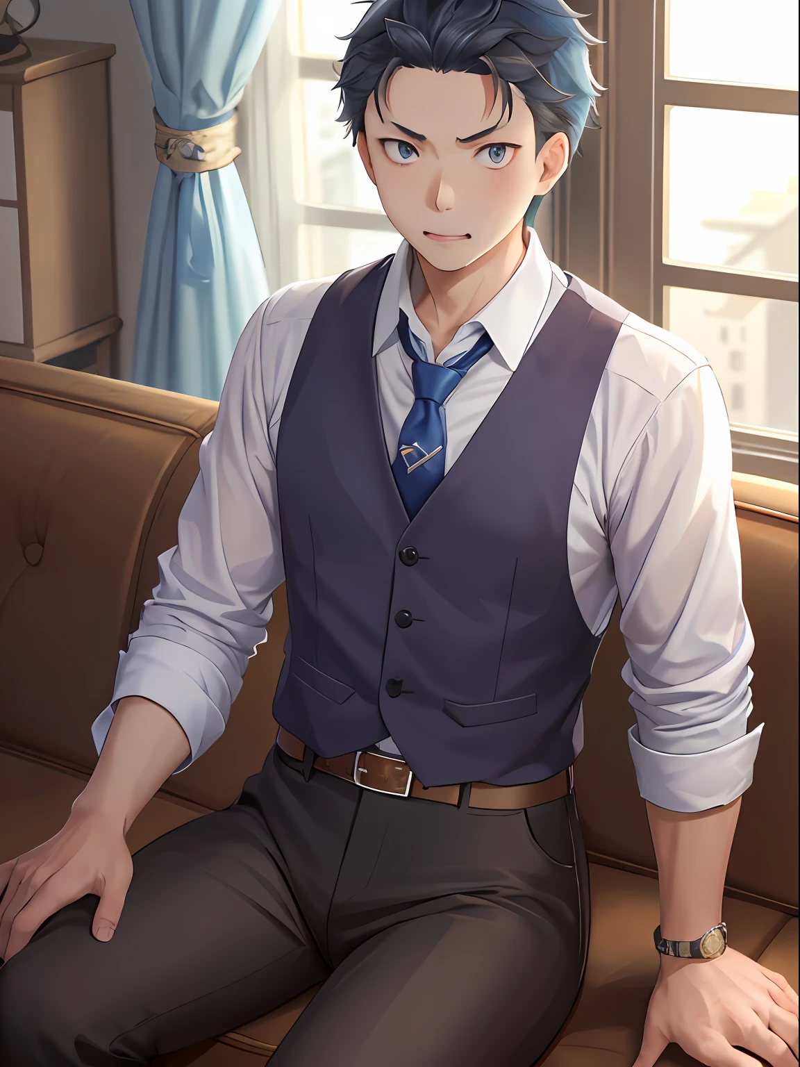 (1 Adult male),A high resolution, Sharp focus, Pixiv masterpiece, ((Complicated details)), highly detailed, natsuki_subaru, 1 man, with her mouth open,full bodyesbian,sit astride, blue colored eyes(eyes glowing), blue short hair,white shirt,Wear a tie,Wear a belt,perspire,look from down