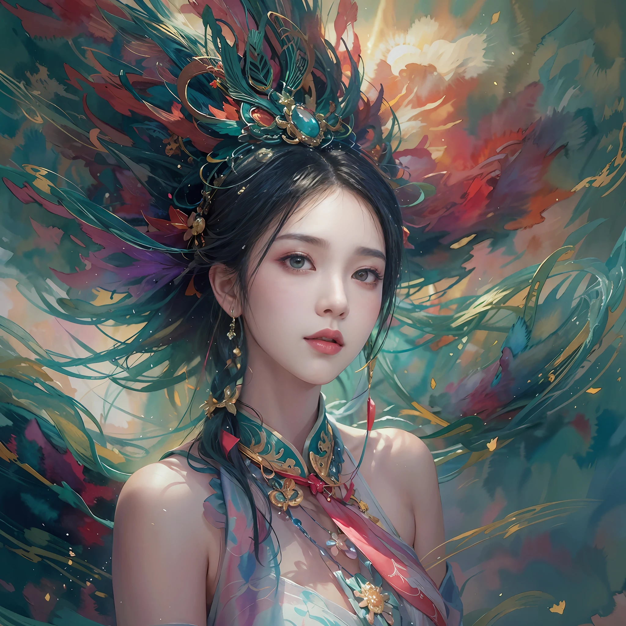 (Masterpiece, top quality, best quality, extreme detail, highest detail, official art, Beauty and Aesthetics: 1.2), Colorful, Denim Shot, Upper Body Shot, Beautiful Face, Solo, Perfect Body, On the Sky Clouds, Fairy, Flowing Streamers, Sun Rays, Clouds, Full Body, Hanfu, Chinese Clothes, White Dress, Water, Fireflies, Night, Starry Sky, Jewelry, Feathers on Dresses, Peacock Feathers, Light Particles, Volumetric Lighting, Ray Tracing (Flowing Streamers: 1.1), (Fantasy: 1.2), Illuminator, Stars, Fantasy, High Contrast, Ink Strokes, Overexposure, Purple and Red Tone Impressions, Abstract, ((Watercolor by John Berkey and Jeremy Man)) Brush Strokes,