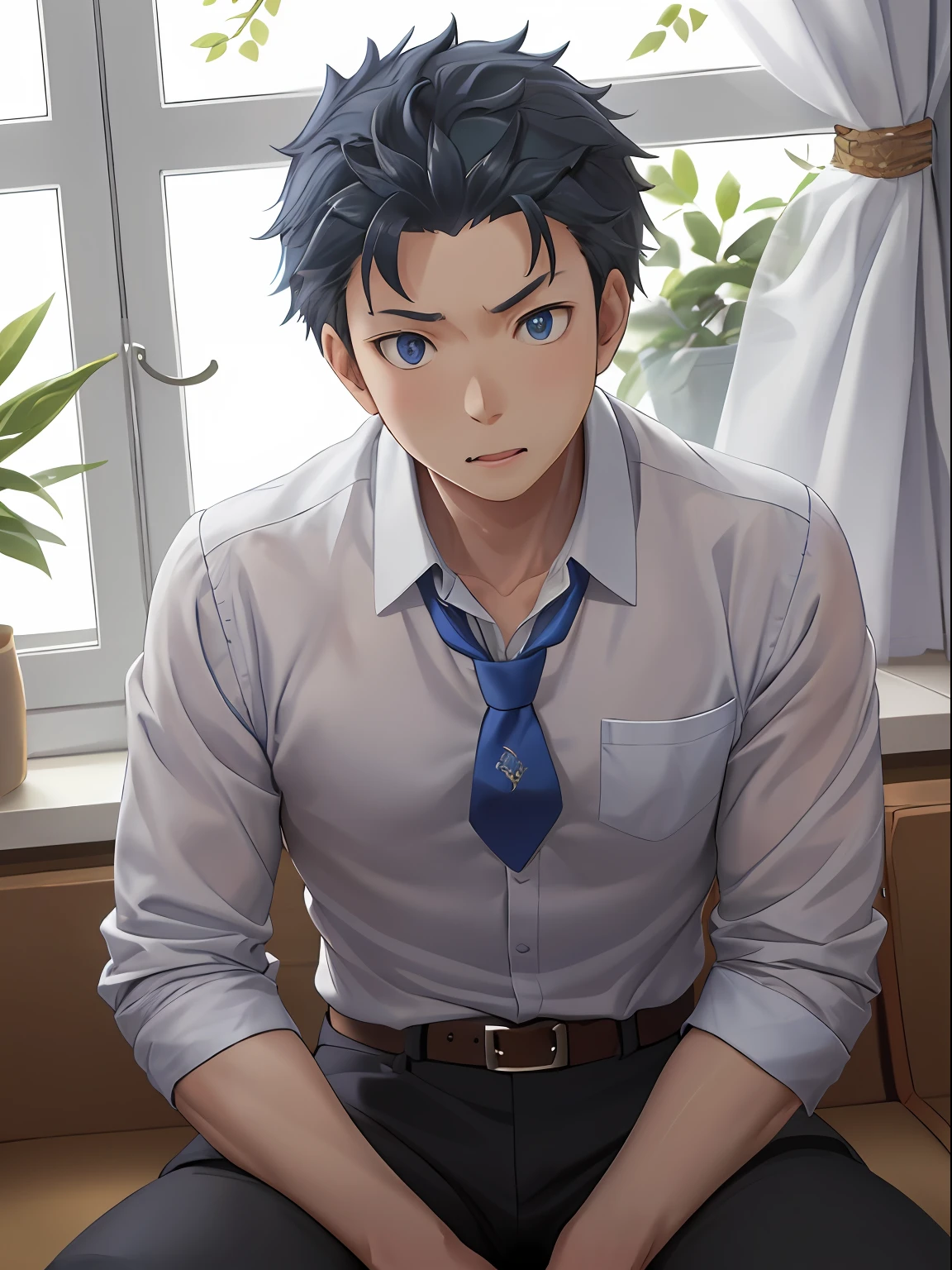 (1 Adult male),A high resolution, Sharp focus, Pixiv masterpiece, ((Complicated details)), highly detailed, natsuki_subaru, 1 man, with her mouth open,full bodyesbian,sit astride, blue colored eyes(eyes glowing), blue short hair,white shirt,Wear a tie,Wear a belt,perspire,look from down