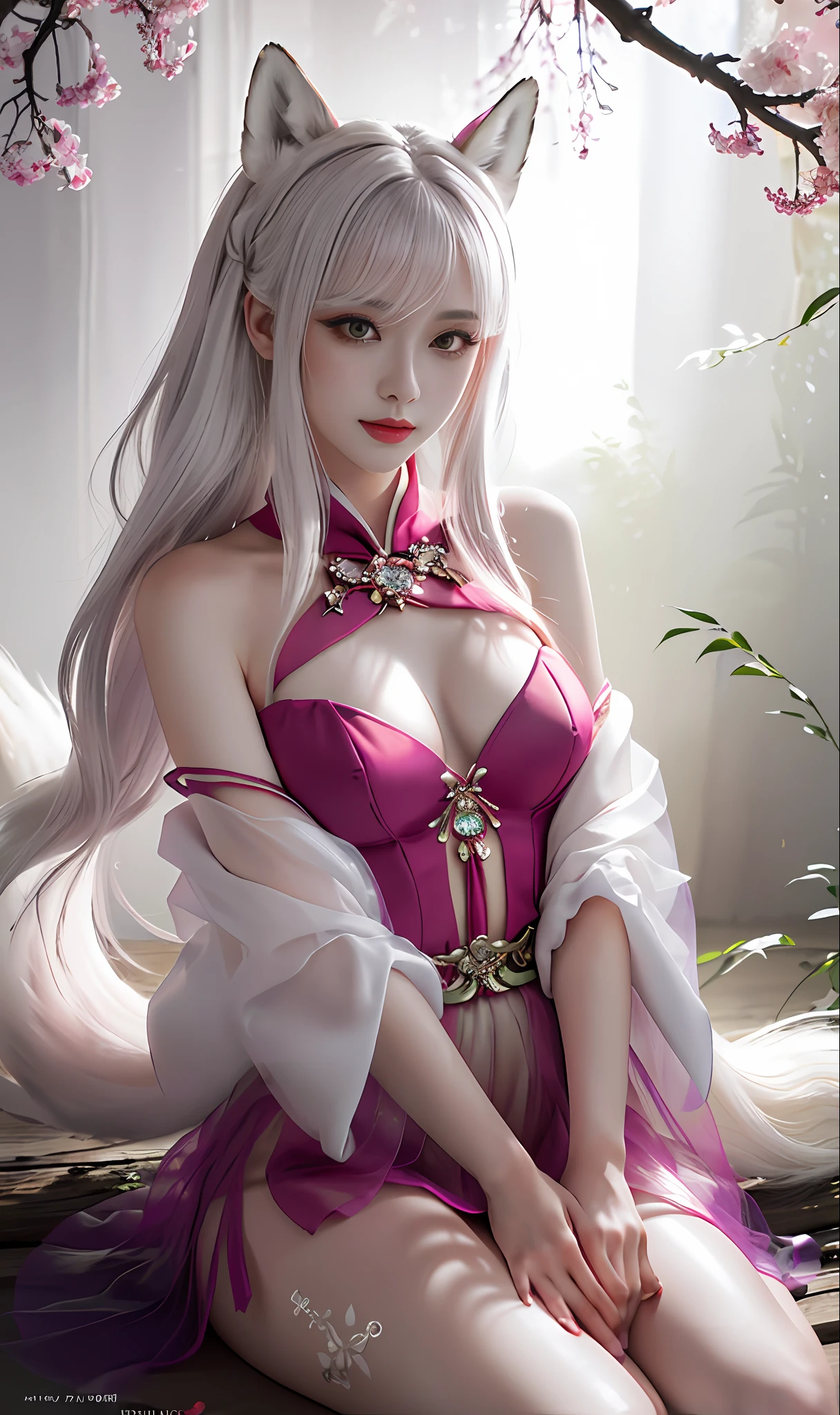 send,tmasterpiece,beautifuldetails,Extremely colorful,Exquisite details,Delicate lips,The details are complex,Realiy,Ultra photo realsisim,A girl and a white-haired fox sit on a branch:1.1,Large breasts,Raised sexy,seductiv,ethereal fox,nine tail fox,Onmyoji detailed art,Nine tails,A beautiful artwork illustration,mythological creatures,red fox,Beautiful digital artwork,Exquisite digital illustration,mizutsune , Inspired by the mythical creature wildnet,Digital art on Pixiv,strong lights,hight contrast,Horror movie theme,Dark atmosphere,low chest,Crop topping,Miniskirt tulle tunic,Dressed in a tulle tunic