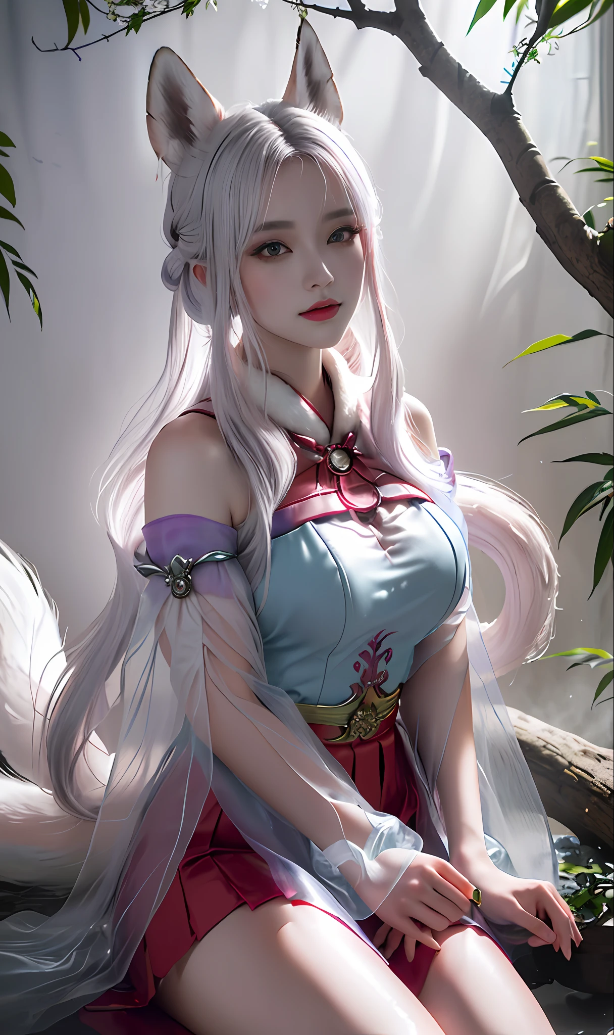 send，tmasterpiece，beautifuldetails，Extremely colorful，Exquisite details，Delicate lips，The details are complex，Realiy，Ultra photo realsisim，A girl and a white-haired fox sit on a branch：1.1，Large breasts，Raised sexy，seductiv，ethereal fox，nine tail fox，Onmyoji detailed art，Nine tails，A beautiful artwork illustration，mythological creatures，red fox，Beautiful digital artwork，Exquisite digital illustration，mizutsune , Inspired by the mythical creature wildnet，Digital art on Pixiv，strong lights，hight contrast，Horror movie theme，Dark atmosphere，low chest，Crop topping，Miniskirt tulle tunic，Dressed in a tulle tunic