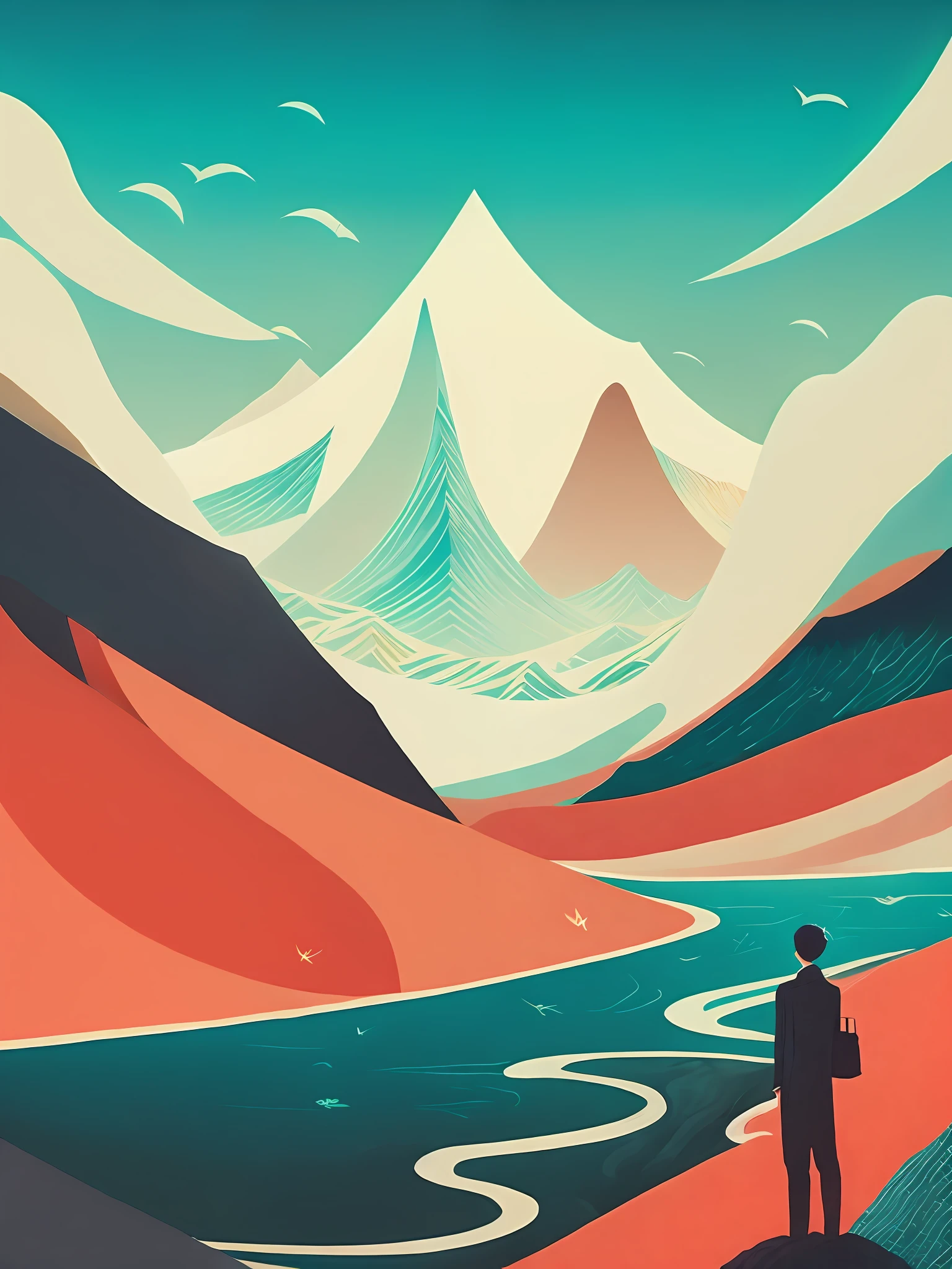 a painting of a mountain with a river running through it by Victo Ngai