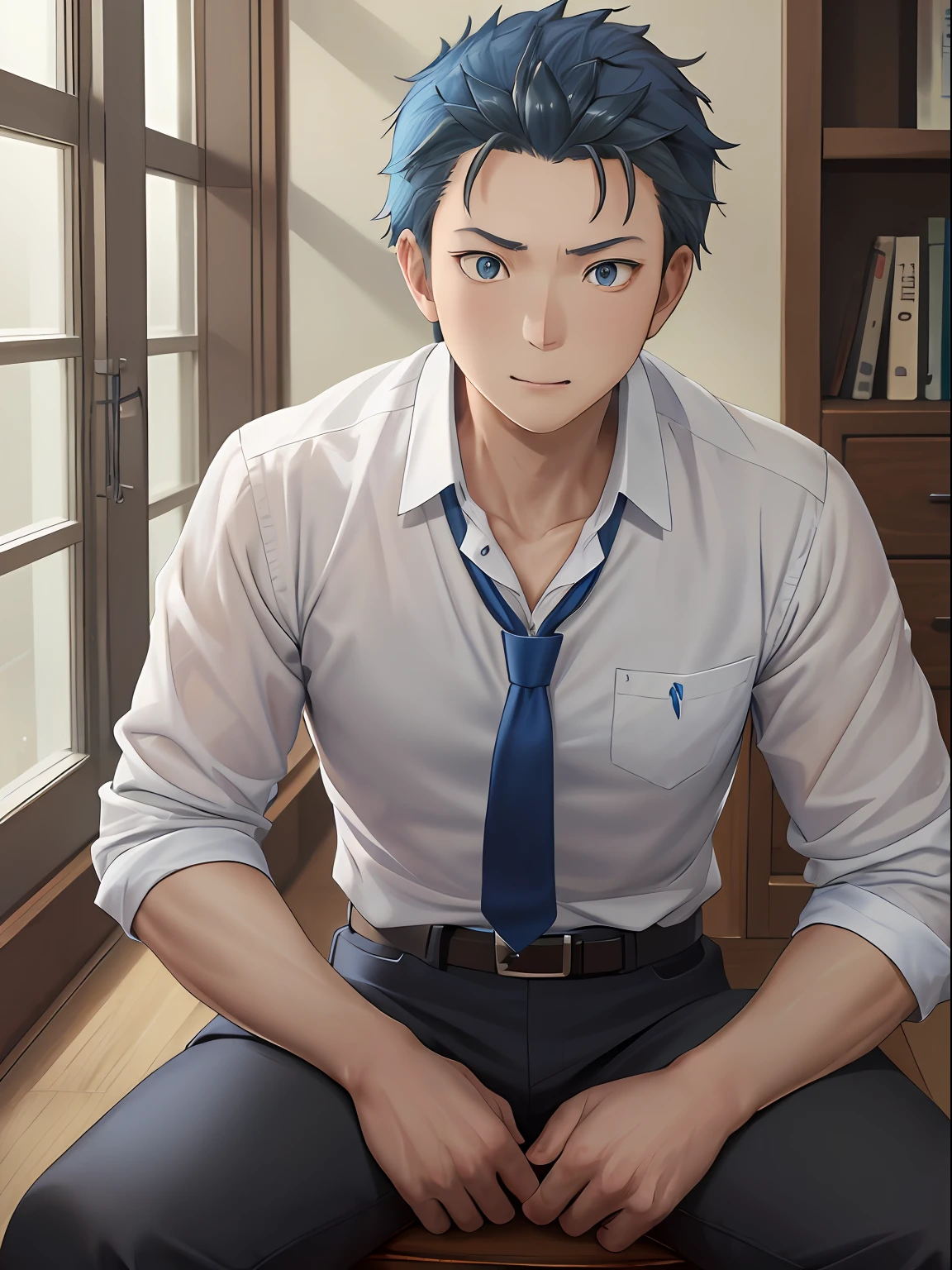 (1 Adult male),A high resolution, Sharp focus, Pixiv masterpiece, ((Complicated details)), highly detailed, natsuki_subaru, 1 man, with her mouth open,full bodyesbian,sit astride, blue colored eyes(eyes glowing), blue short hair,white shirt,Wear a tie,Wear a belt,perspire,look from down