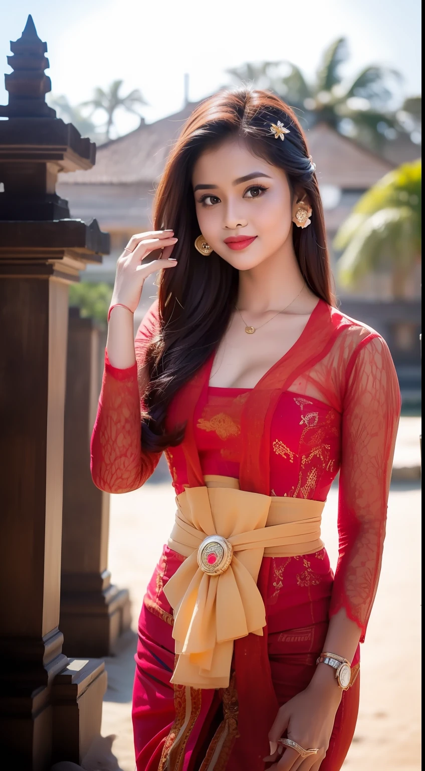 8k portrait of beautiful cyborg with brown hair, point with finger, ((beach temple background)), photography, portrait of gadis_jelita wearing kebaya_bali in red_kebaya_bali, red lipstick, detail, flowers, blurry background, soft focus, (masterpiece, sidelighting, finely detailed beautiful eyes: 1.2), hdr