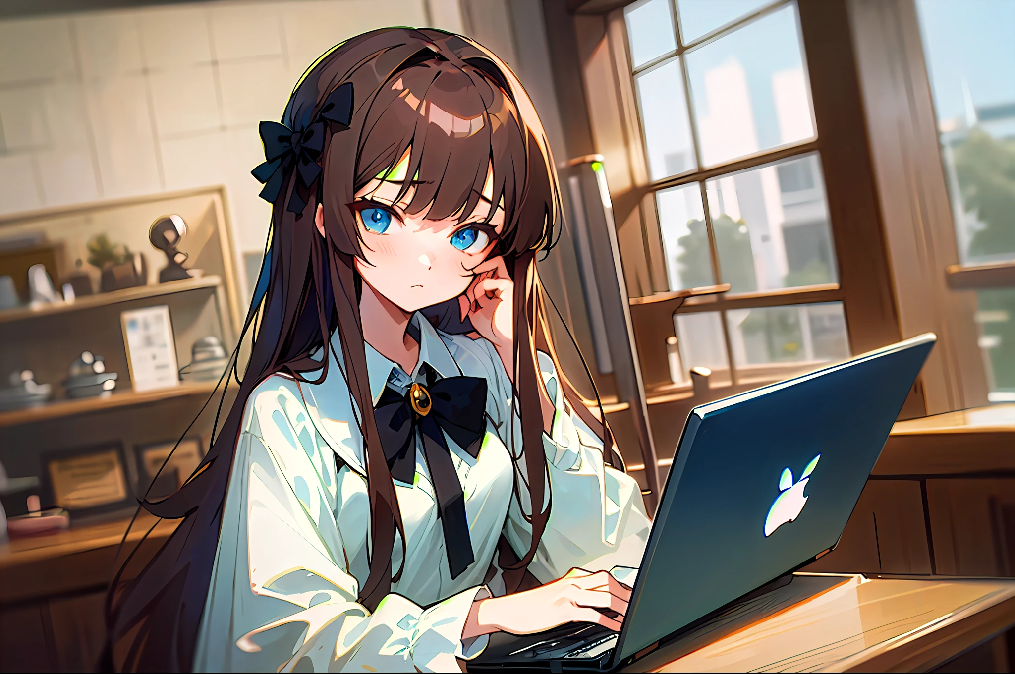 Upper body, mid-shot, femele, Detailed eyes, ((Anime girl sitting at laptop table)), Semi-long hair, Brown hair, Bangs,, White costume, Black bow tie, Long sleeves, fashionable cafe、Inside the  shop, Troubled face、Thinking、Cheek cane、Note PC