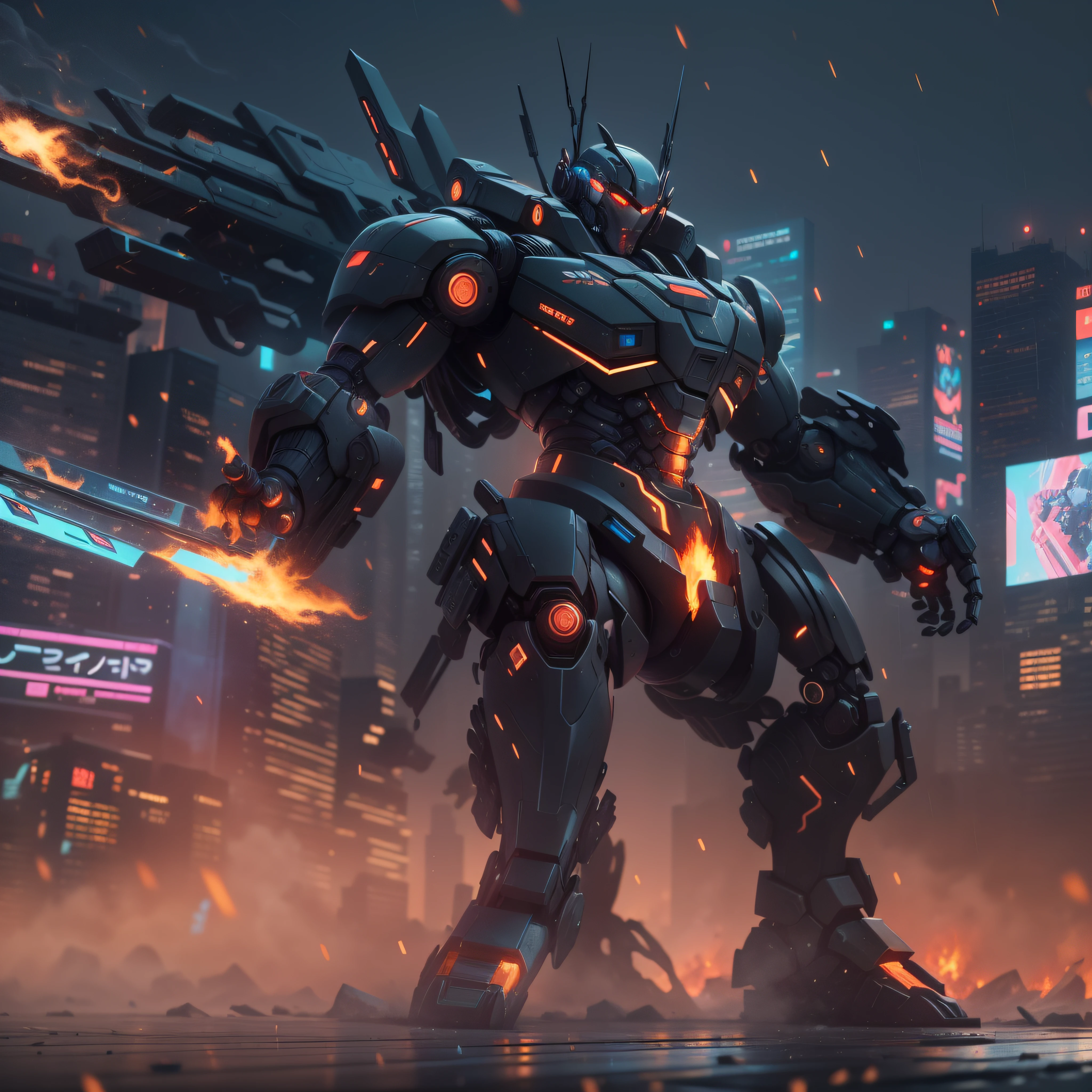 1 giant black robot, slick design cyberpunk, stunning gradient colors, stylized, ((battle pose, battle stance)) smoke, fire, raining
anime, masterpiece, best quality, (extremely detailed CG unity 8k wallpaper), (best quality), (best illustration), (best shadow), absurd res, realistic lighting, beautiful detailed glow