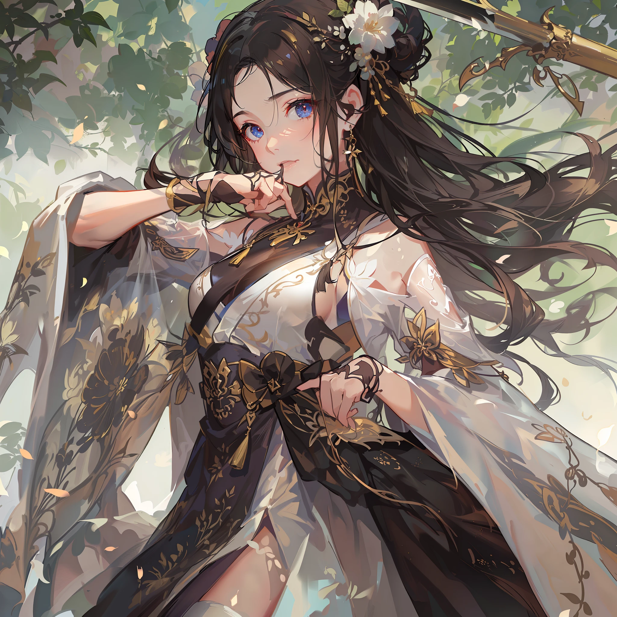 best qualtiy,tmasterpiece,超高分辨率,(真实感:1.4),fantasy,1girll,boobgasm,beautidful eyes(Brown Black),chill out,Hanfu,brunette color hair,Sword Fairy,Mystic energy,Long legs(fleshy feeling),Glowing skin,sword,full bodyesbian,flowy,Floating