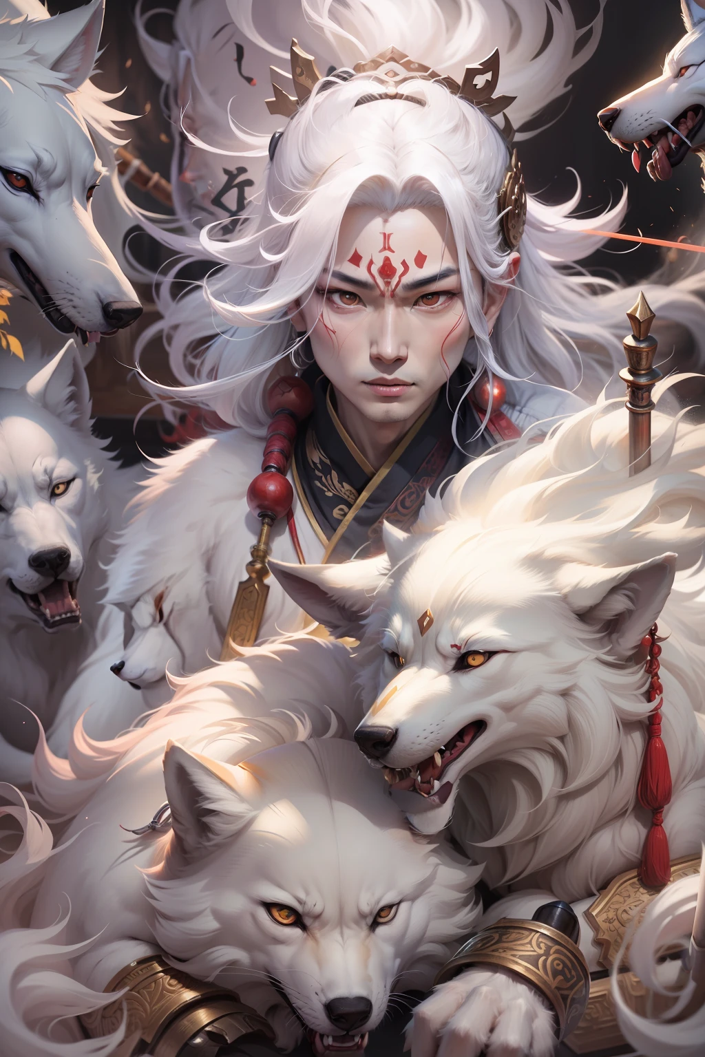 Jiro God,Third eye on the forehead,Little white wolf, Sacred Spear, Fierce eyes, Barking dog,heroic figure, Top view, Cinematic light, , comic strip,surrealism,zhang daqian, Sekizawa style