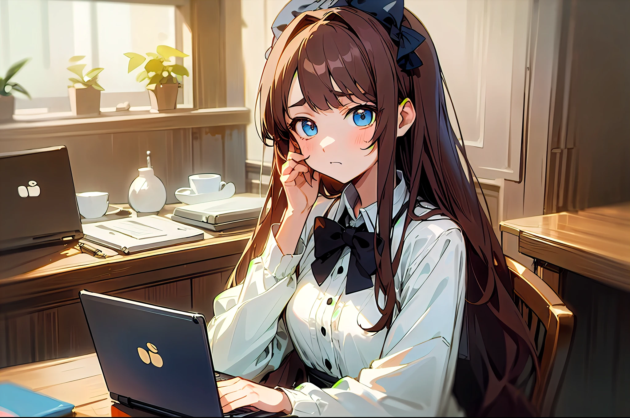 Upper body, mid-shot, femele, Detailed eyes, ((Anime girl sitting at laptop table)), Semi-long hair, Brown hair, Bangs,, White costume, Black bow tie, Long sleeves, fashionable cafe、Inside the shop, Troubled face、Thinking、Cheek cane、Note PC