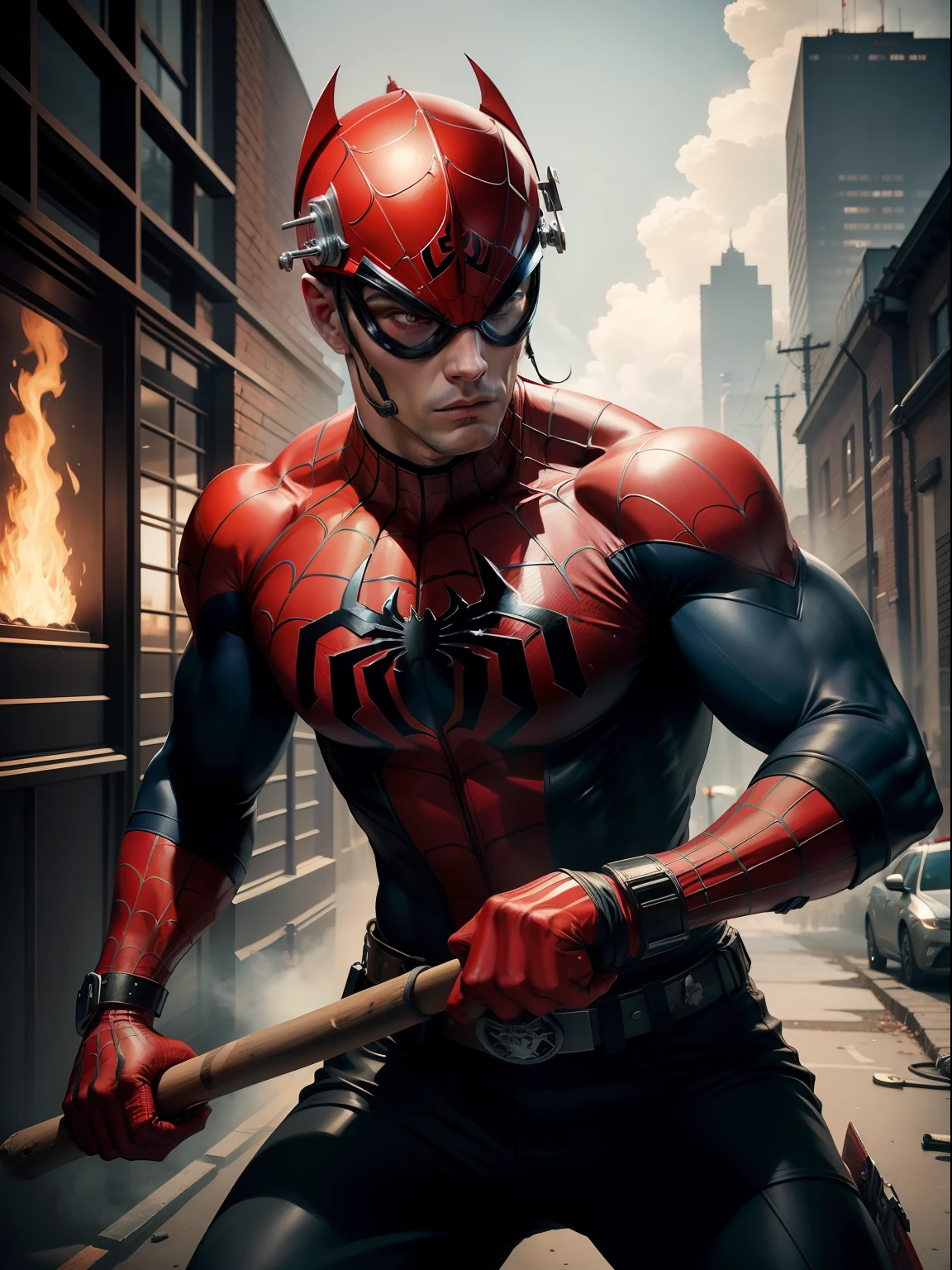 A Dramatic firefighter as Spiderman wearing firefighter uniform and tools such as helmet or axe, cinematic, extreem realistic, extreem detailed, extreem Sharp, full body shot