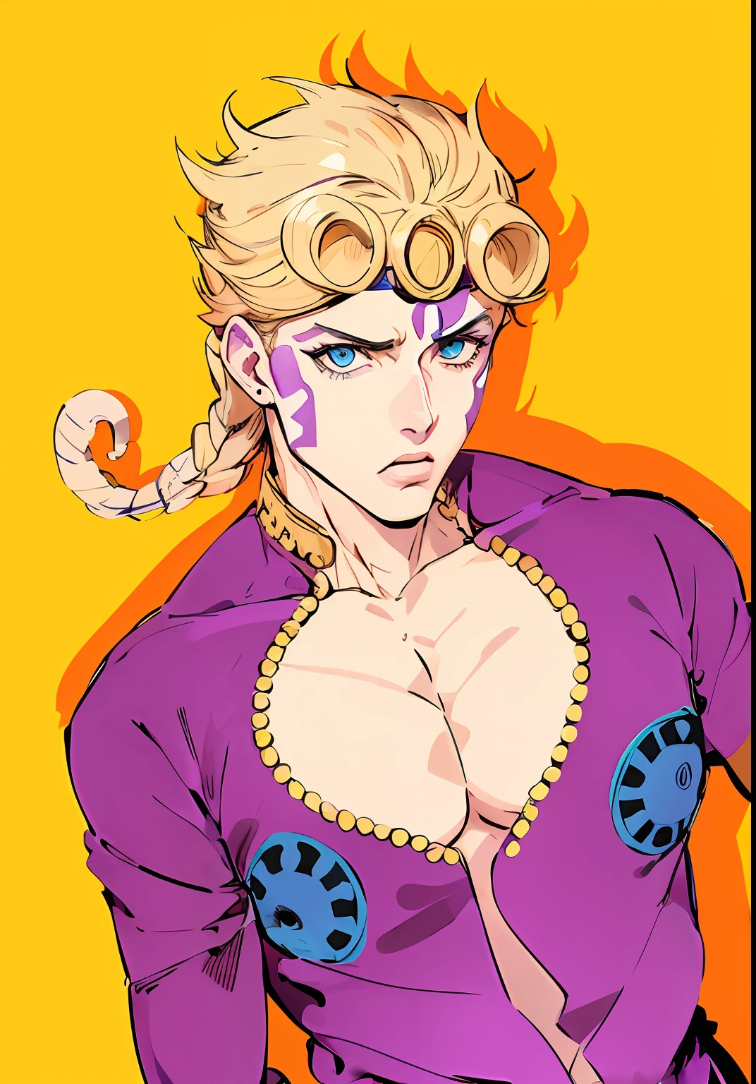 Anime - draw in the style of a woman with a purple shirt and blue eyes, in jojo\'s bizarre adventure, JJBA, jojo anime style, Giorno Giovanna, joseph joestar, gyro zeppeli, jojo\'s bizarre adventure, Jojos bizarre adventure, Jojo bizarre Adventure, posing as a jojo character, Jojos bizarre adventure
