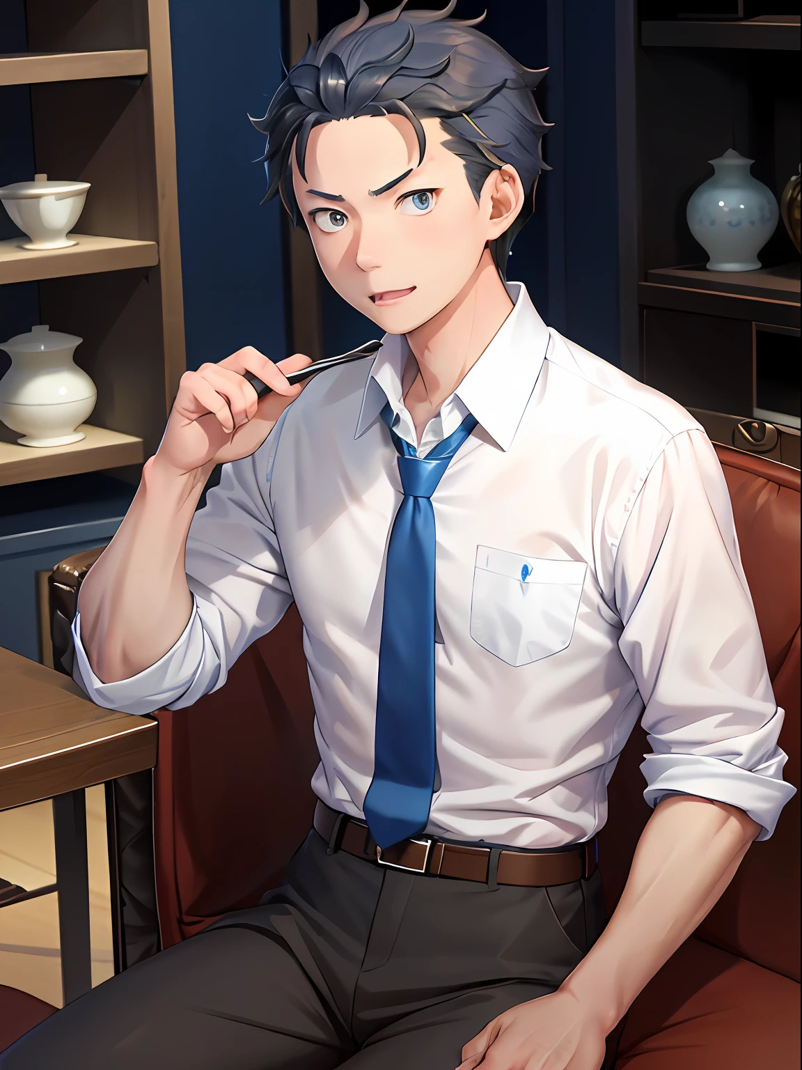(1 Adult male),A high resolution, Sharp focus, Pixiv masterpiece, ((Complicated details)), highly detailed, natsuki_subaru, 1 man, with her mouth open,full bodyesbian,sit astride, blue colored eyes(eyes glowing), blue short hair,white shirt,Wear a tie,Wear a belt,perspire,look from down