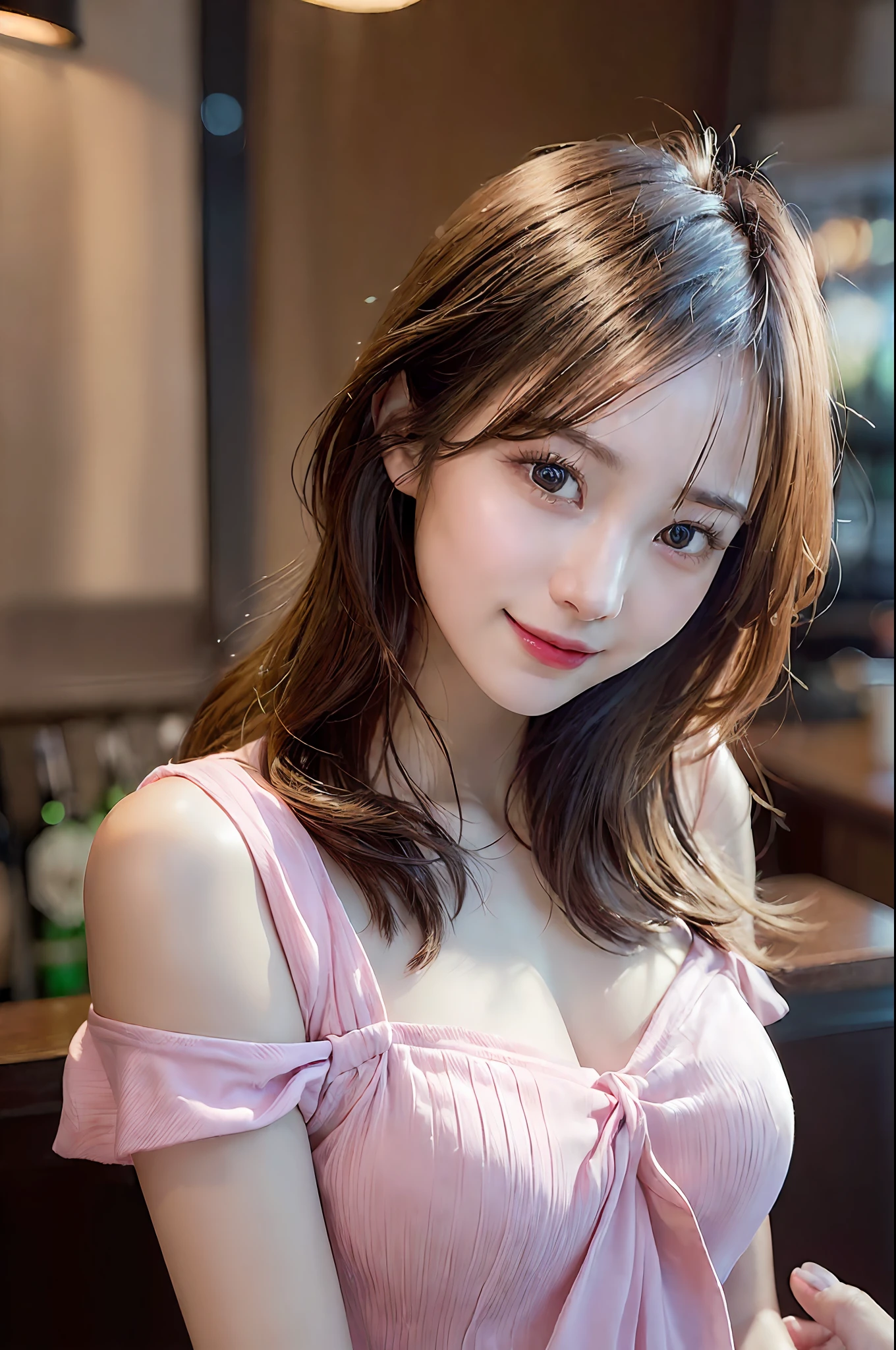 ((Realistic lighting、top-quality、2k、​masterpiece:1.3))、Portrait of woman in pink dress with tear on head, Focus:1.2、Perfect figure:1.4、Slim abs:1.1、(Inside the bar、Night:1.1)、(Super fine face、A smile)、big eye、24