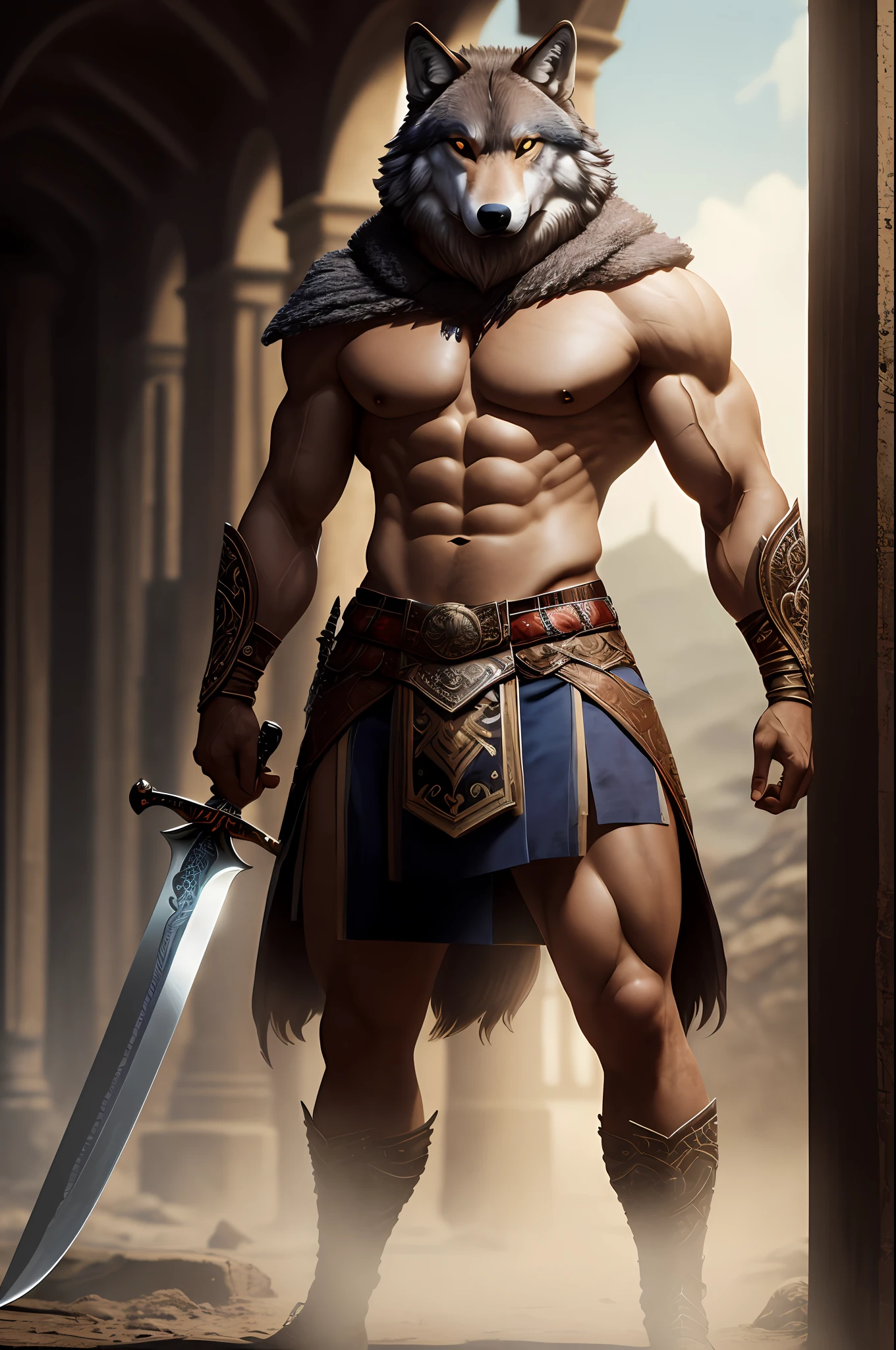 an antrho wolf muscular warrior, big sword in hand, best quality, ultra-detailed, photorealistic, an extremely delicate and beautiful, depth of field, film grain, strong sunlight