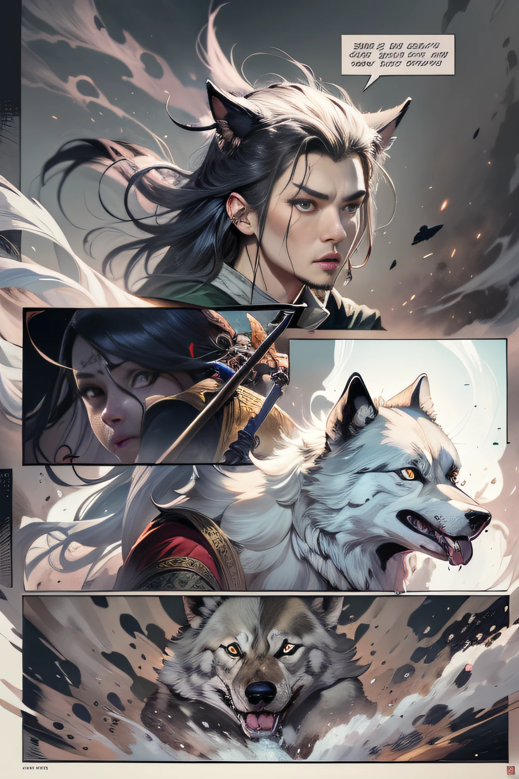 Jiro God,Third eye on the forehead,white wolf、Black Dog, Sacred Spear, Fierce eyes, Barking dog,heroic figure, Top view, Cinematic light, , comic strip,surrealism,Character Spotlight,,zhang daqian, Sekizawa style