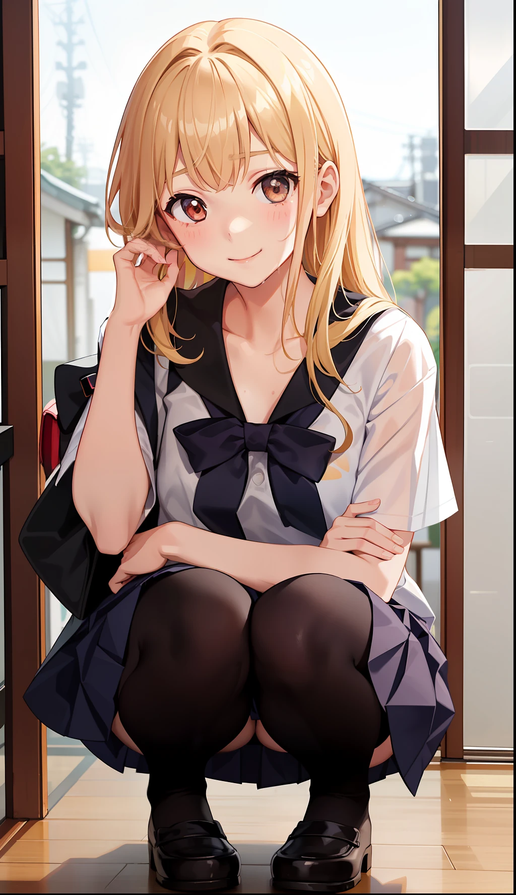 1girl in、A smile、The shirt、skirt by the、(small tits)Chilarism、Japan High School Student Uniform、serafuku、summer clothing、Squall Drenched Uniform、(Sheer Bra)、Upper body portrait、blonde hair、Squatting panchira、