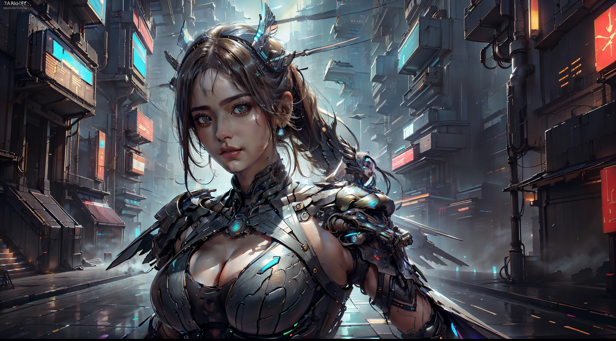 HighestQuali,BestWorks,A masterpiece,RAW photo effect,Realistic Photo Effect,Super high detail,super-fine,The city of the future,the night,cyber punk perssonage,Mature woman,(Close portrait:1.3),Large breasts,dynamicposes,looks into camera,dramatics,fumo,steampunc,complex patterns,((Metal wings)) Description of the Ultrra precise pointer, Photorealistic, Super detail, Masterpiece, Best quality, A high resolution, 8K,Best quality at best,tmasterpiece,ultra - detailed,volumettic light,Background bokeh