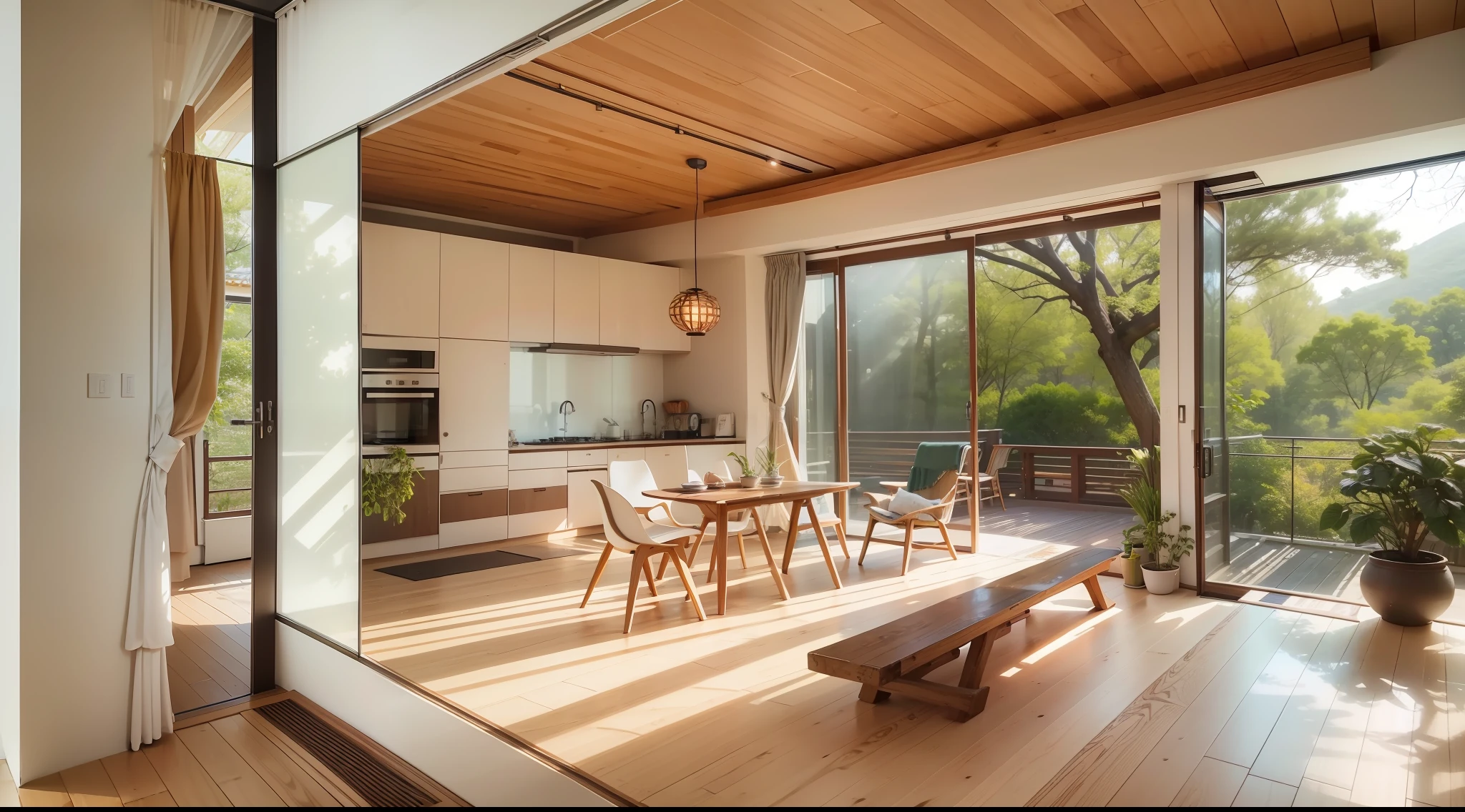 interior design、Insanely detailed wide-angle architectural photo、Cozy contemporary living room、(Bright and warm sunlight 1:0.1)、Award-winning contemporary interior design、landscapes、The table、a chair、in a house、Wooden flooring、window、resturant、east asian east asian architecture、sliding paper doors、abajour、architectural、the woods、naturey、cups、a plant、interior design、Insert lighting and shadows、depth of fields、low illuminance、